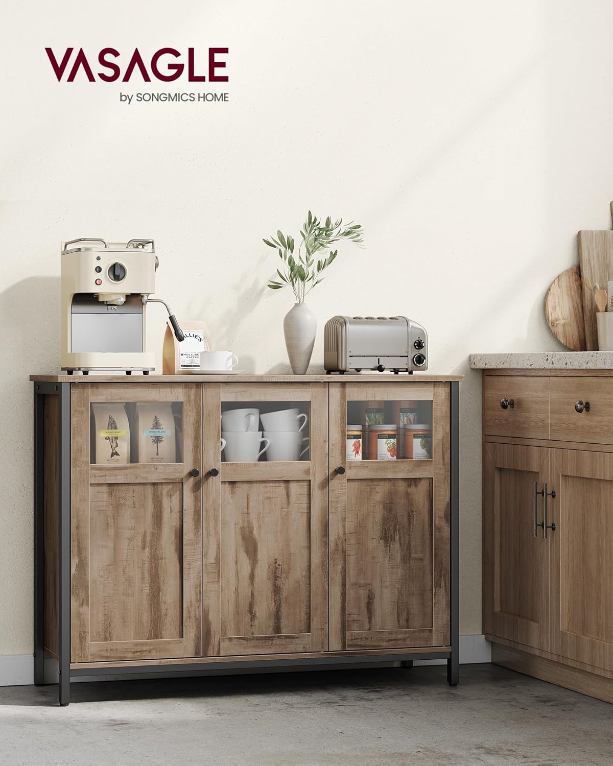 VASAGLE - buffet industriel 3 portes acier marron noir, LSC099K02
