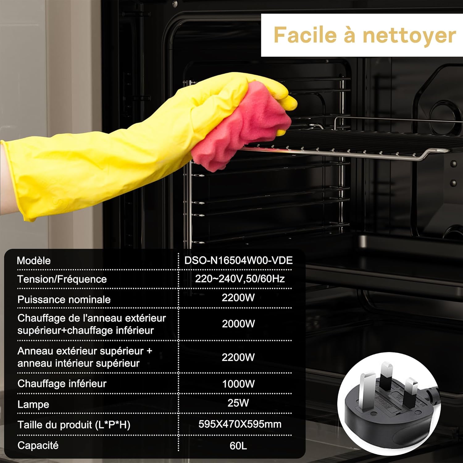 Fourneau intégré - 60 cm, 60L, 2,2kW, 6 fonctions, minuterie, grill