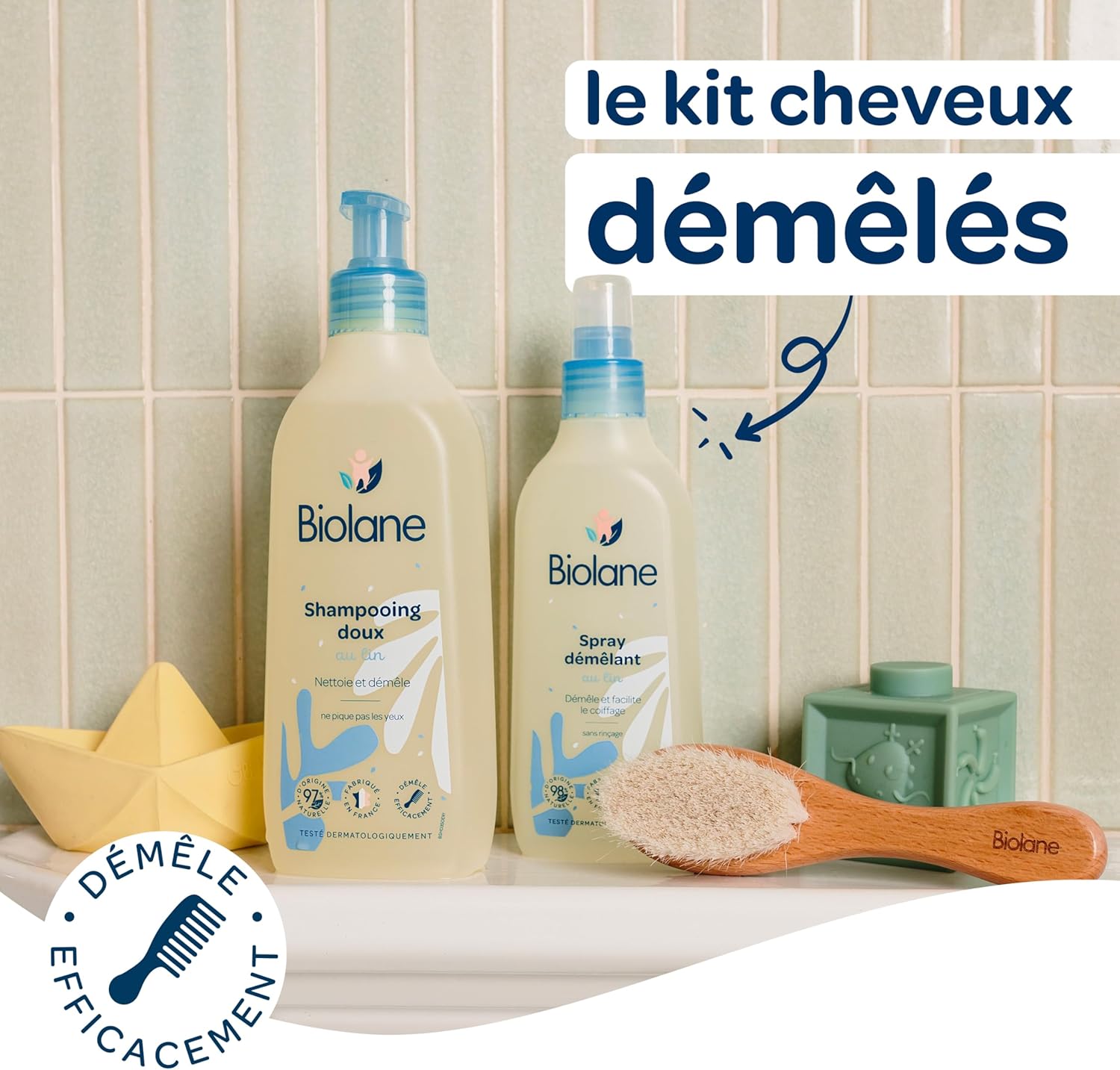 Biolane - Coffret Cheveux Démêlés - shampooing, spray, brosse douce - routine bébé, démêle en douceur, fabrication Franc