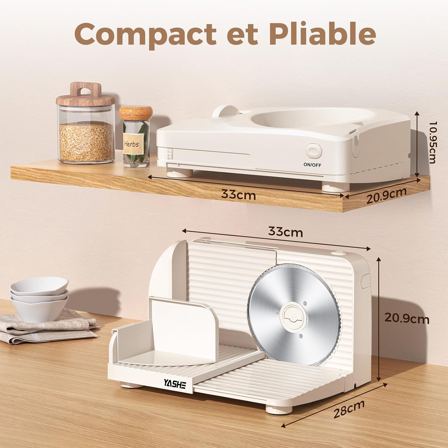 YASHE - trancheuse électrique pliable 17cm, 180W, épaisseur réglable, facile à nettoyer