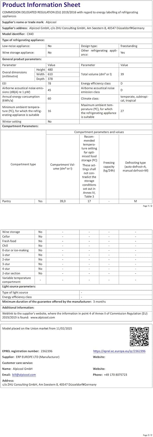 Alpicool - ECX40 - 40L - Frigo voiture, -20°C à 20°C, rechargeable, ECX40