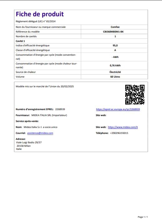 Comfee' - four encastrable série 60 cm, 60L, 8 fonctions, vapeur, CBO60M80M1-BK