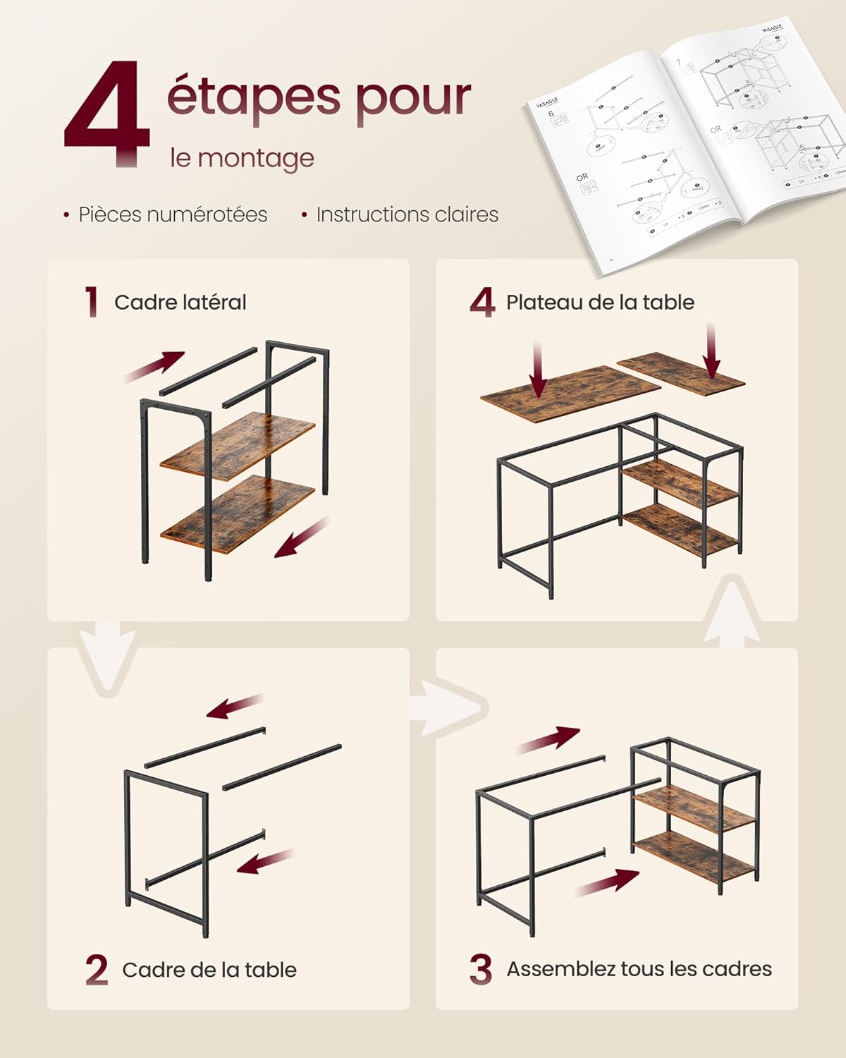 VASAGLE - Bureau Gaming L - 120x80 cm - rangement, étagères réglables - LWD136KD01