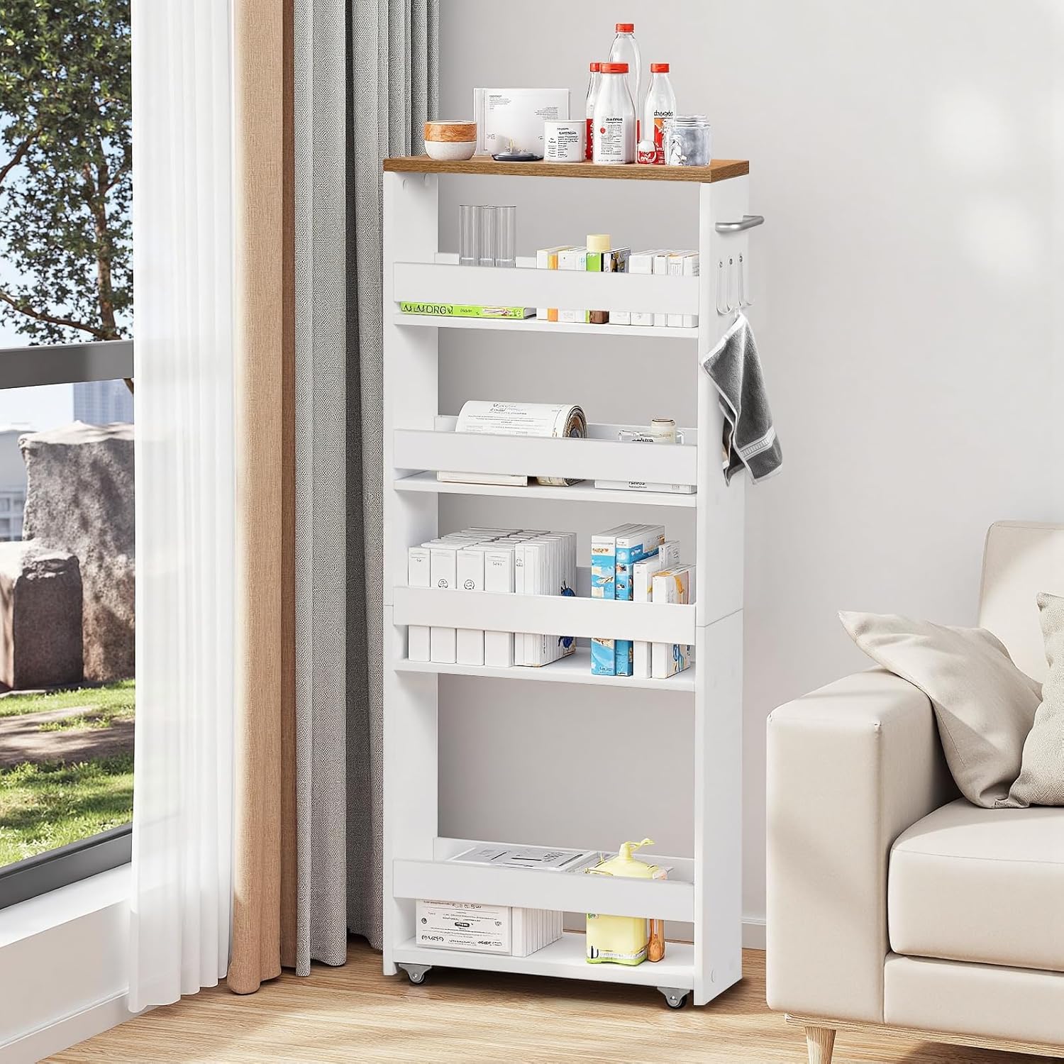 Chariot de rangement - 5 niveaux, 15cm, roulettes, étroit, cuisine