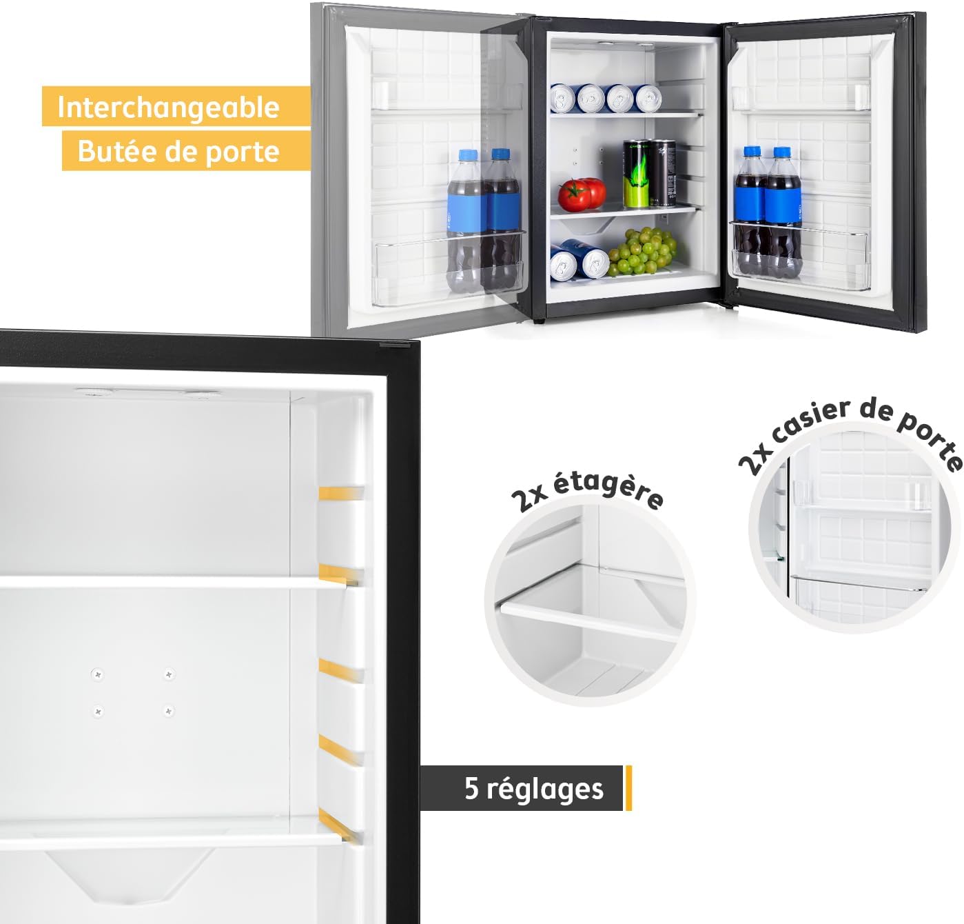 TZS First Austria - mini-frigo 40L silencieux, porte réversible, intérieur éclairé, compact pour bureau ou hôtel