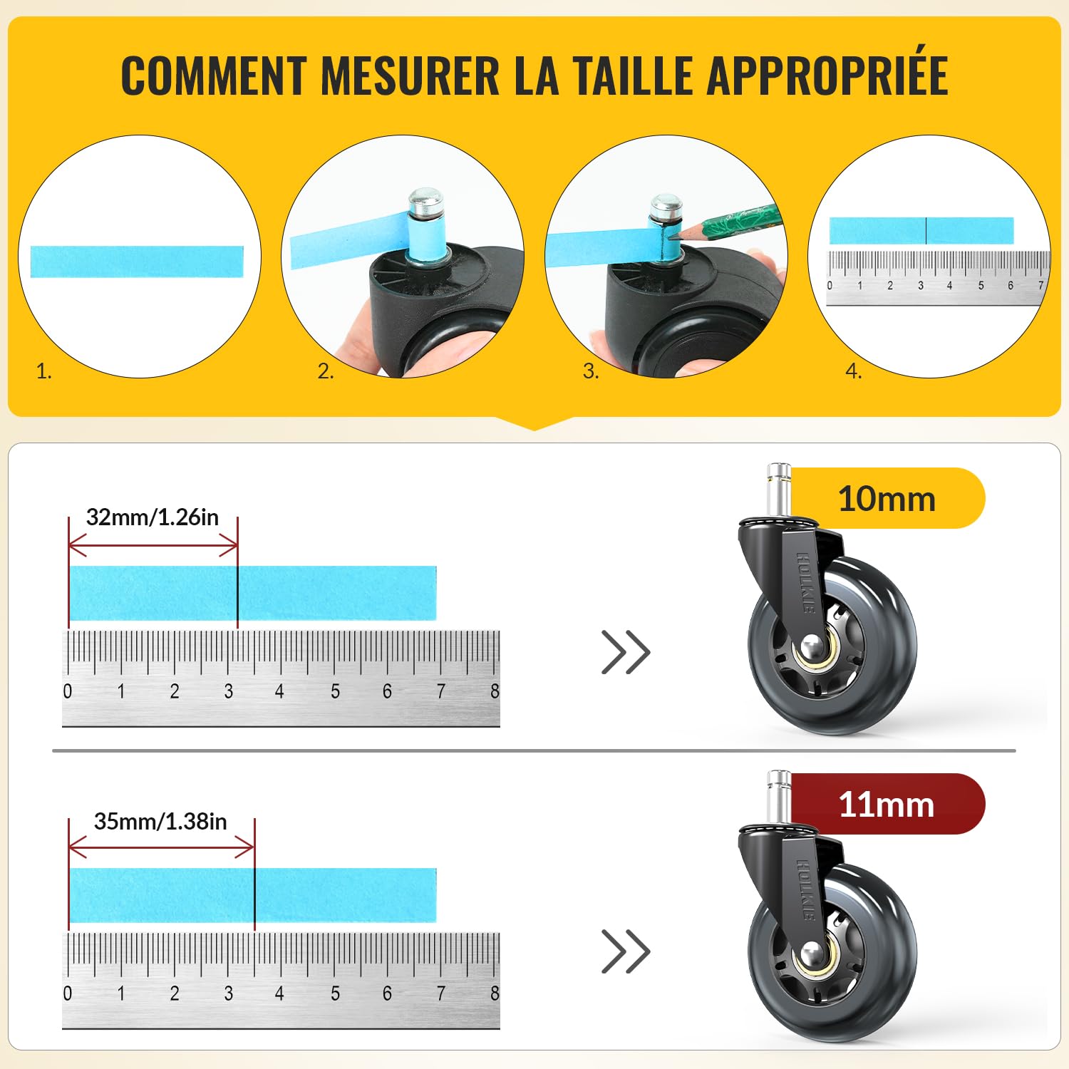 HOLKIE - roulettes chaise bureau - 11x22mm - caoutchouc, lot de 5, sols durs/tapis