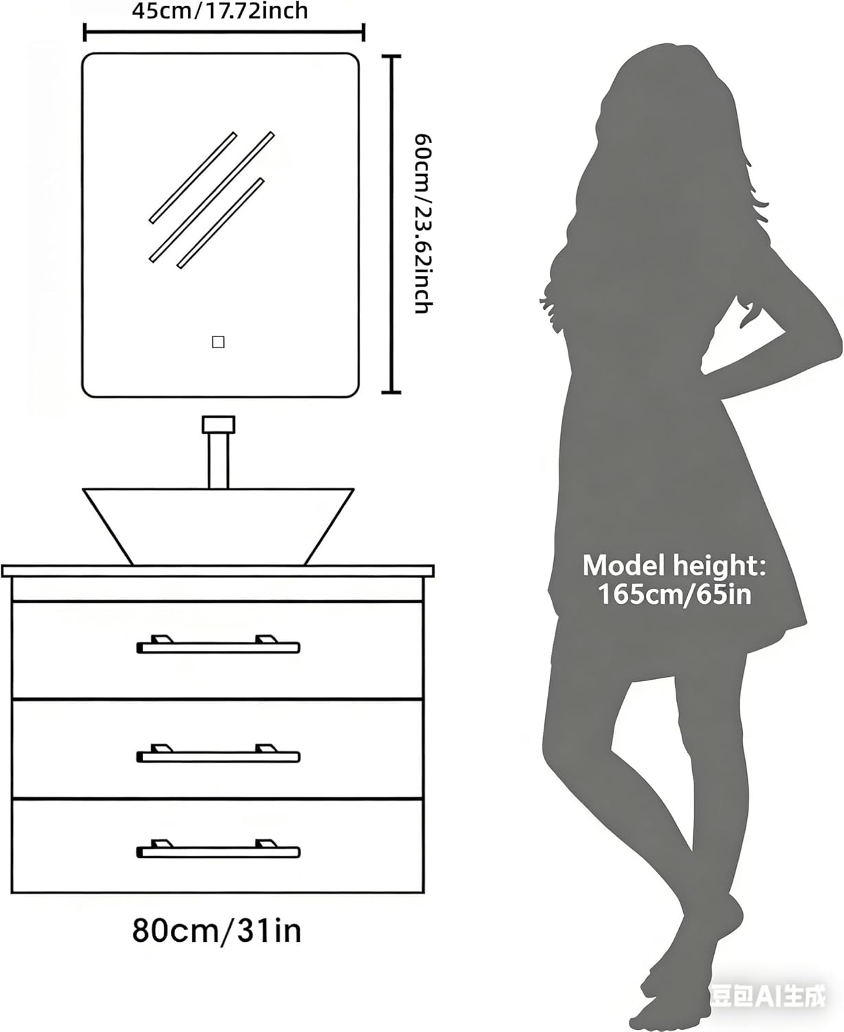 Miroir mural LED salle de bain, 60x45 cm, éclairage tactile, 3 couleurs