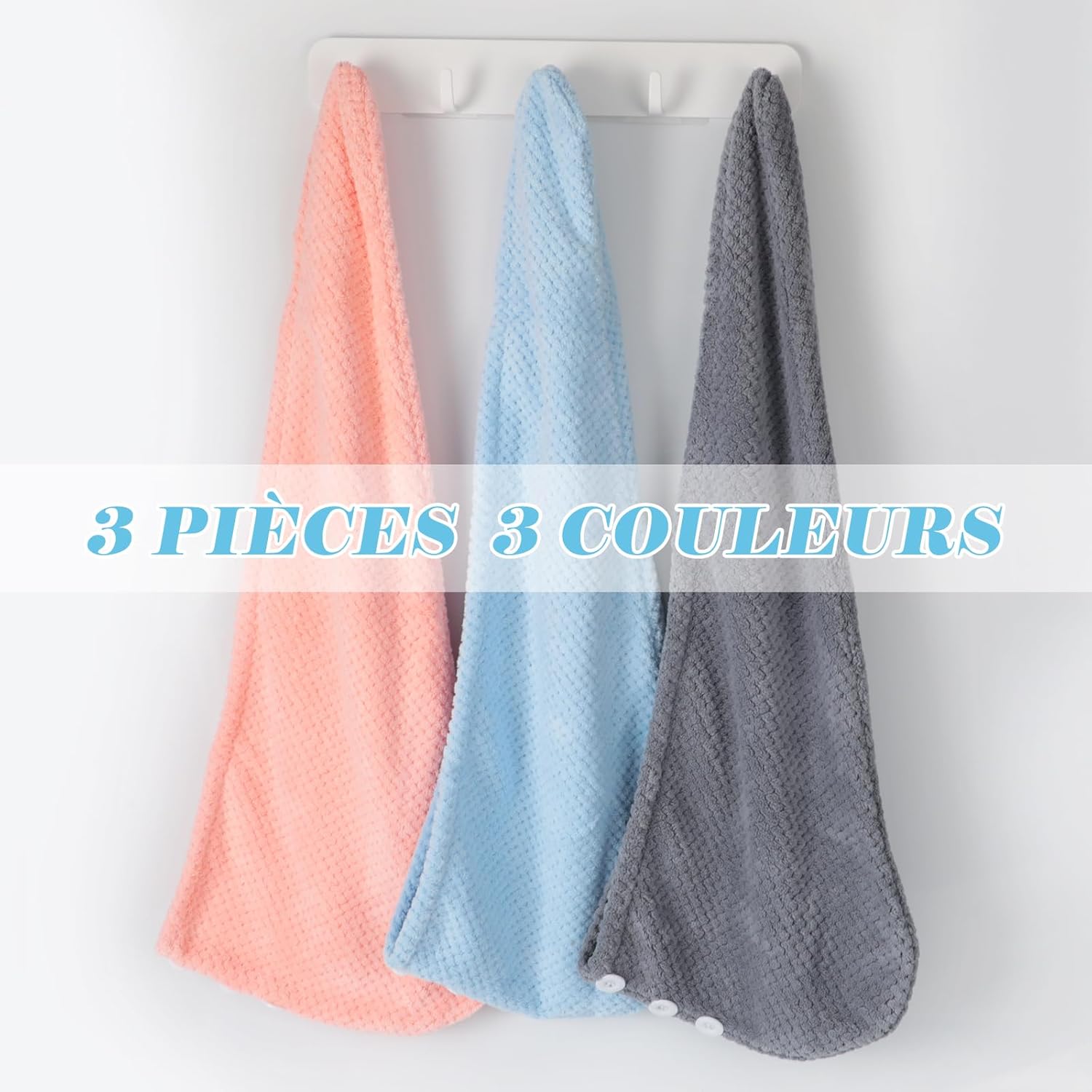 FREATECH – lot de 3 turbans microfibre – serviettes super absorbantes, anti-frisottis, bouton réglable – cheveux femmes/