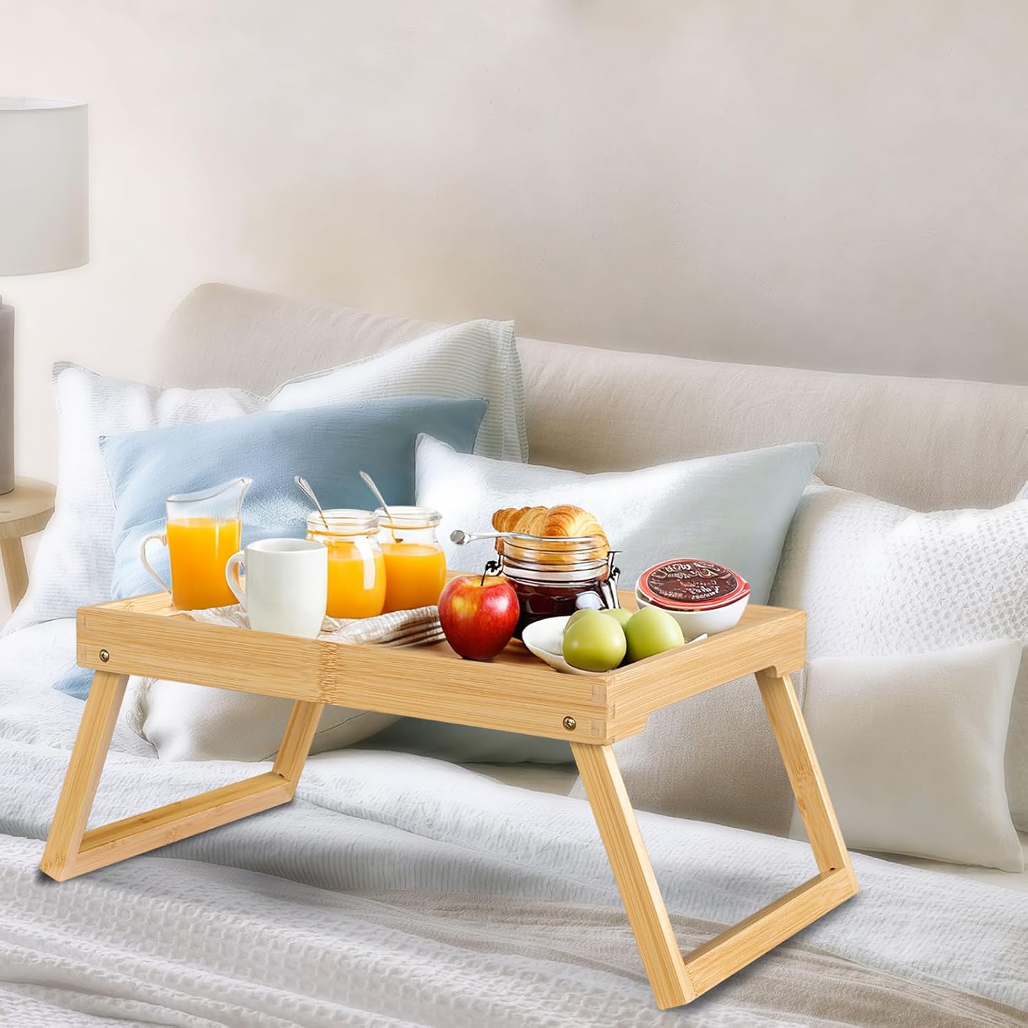 Plateau de lit - bambou, pied pliant, multifonction - beige, plateau petit-déjeuner