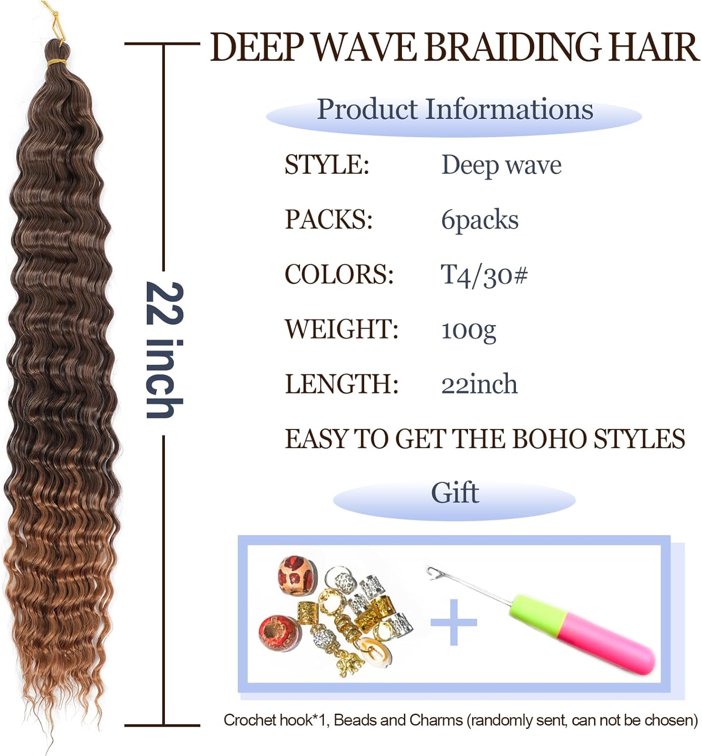 Extensions cheveux - Ocean Wave Deep Wave, 22 pouces, pack de 6, boucles douces, T4/30#