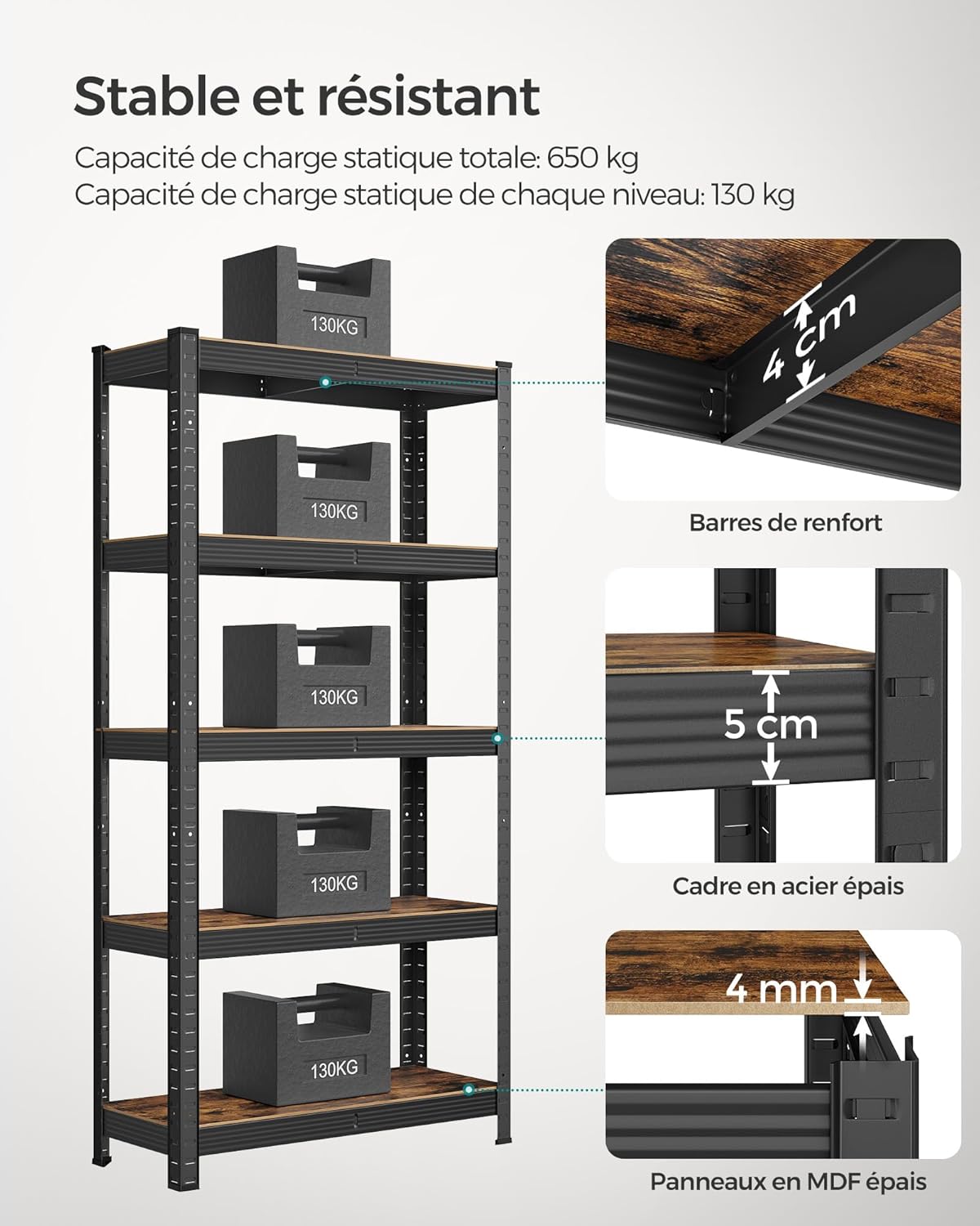 SONGMICS - étagère à 5 niveaux, 30x75x150cm, 650kg, planches réglables, GLR030B02