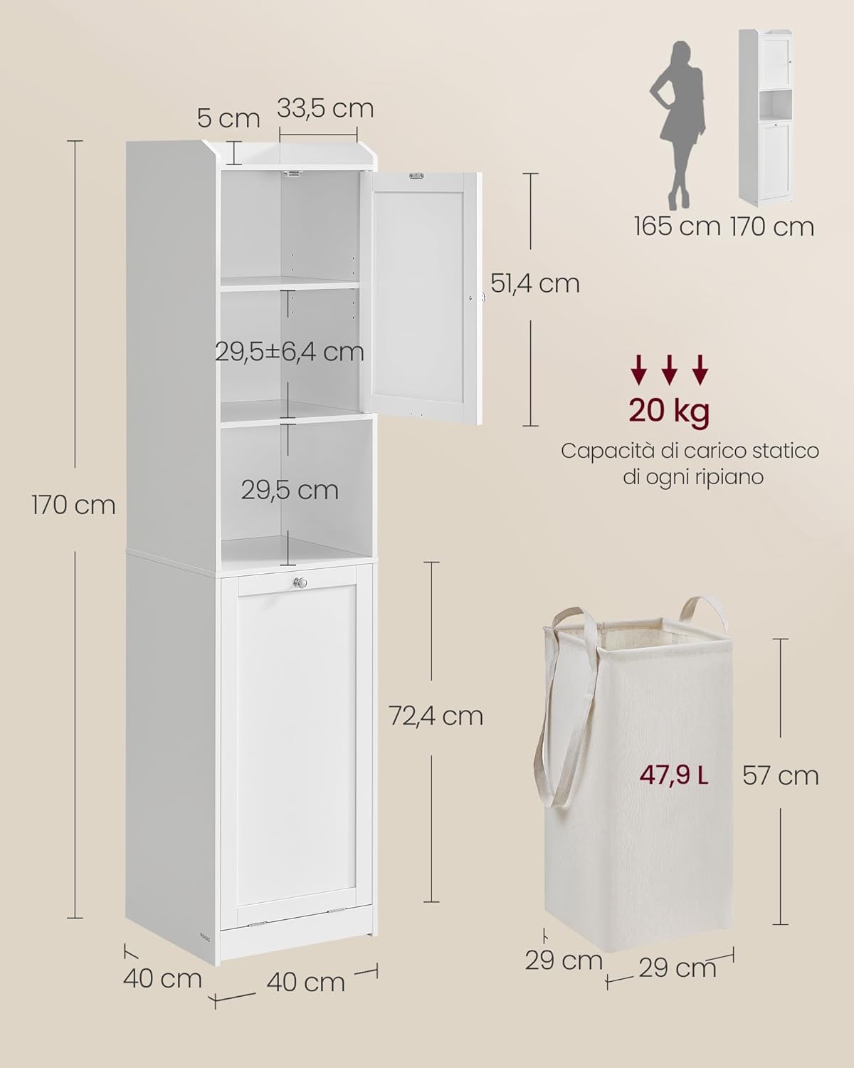 VASAGLE - meuble salle de bain haut - 40x40x170 cm - panier linge, sac amovible, porte, blanc - BBC761W01