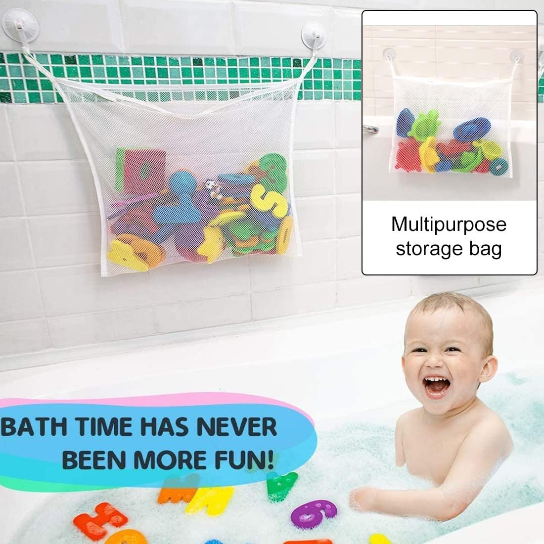 Filet de rangement jouets bain - animaux marins - 2 ventouses, poche lavable