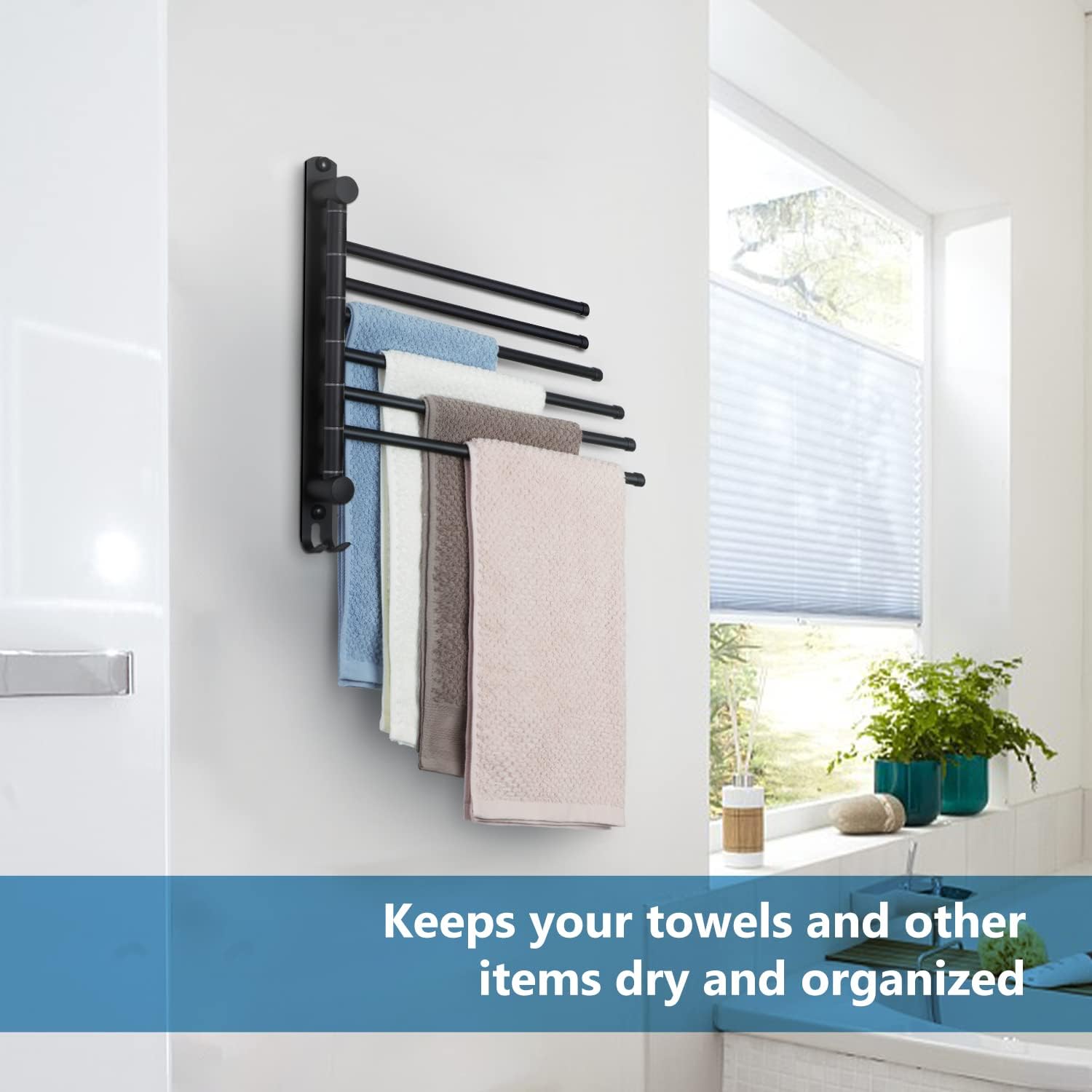 JSVER - porte-serviette 6 barres, 180° rotatif inox SUS304, mural, noir