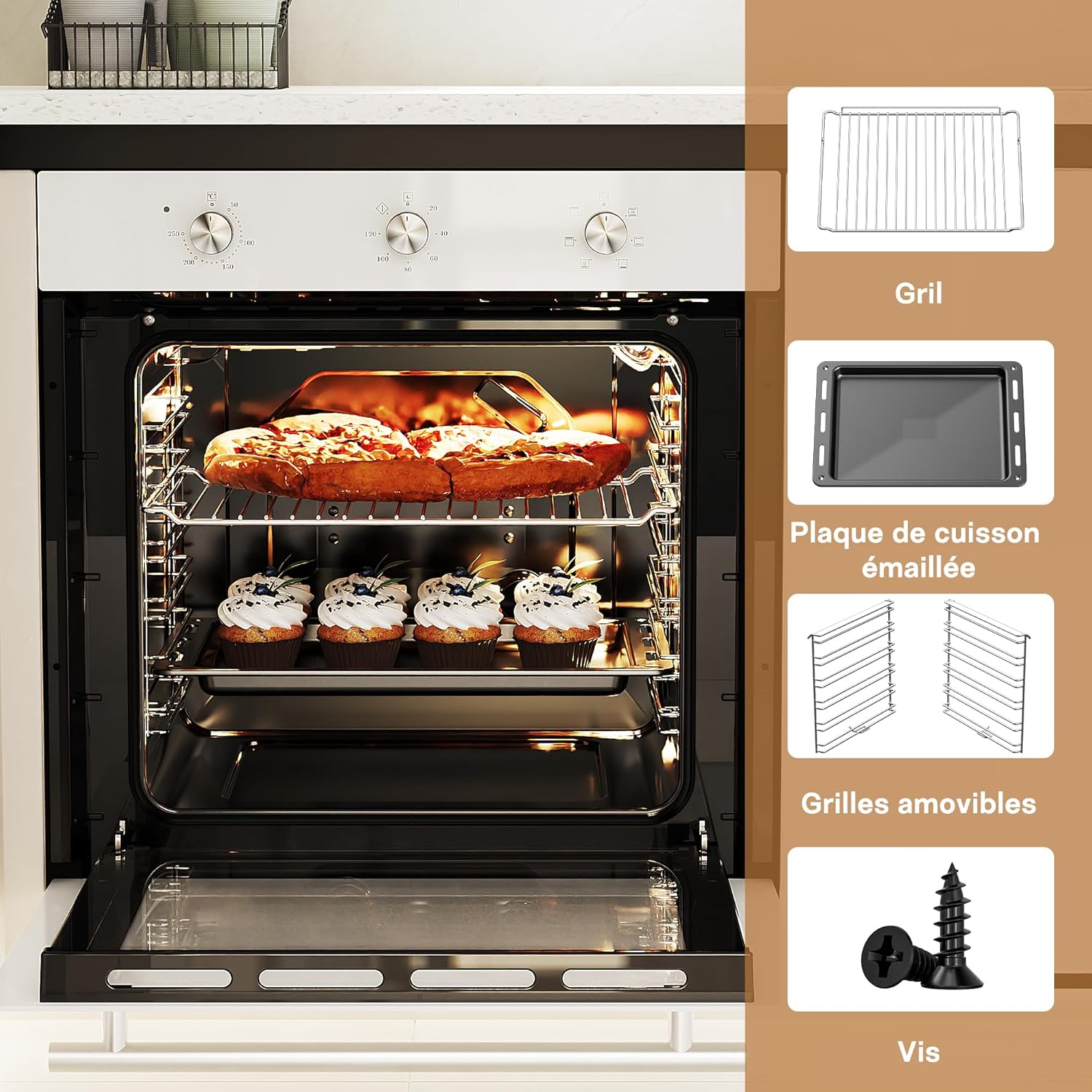 Fourneau intégré - 60 cm, 60L, 2,2kW, 6 fonctions, minuterie, grill