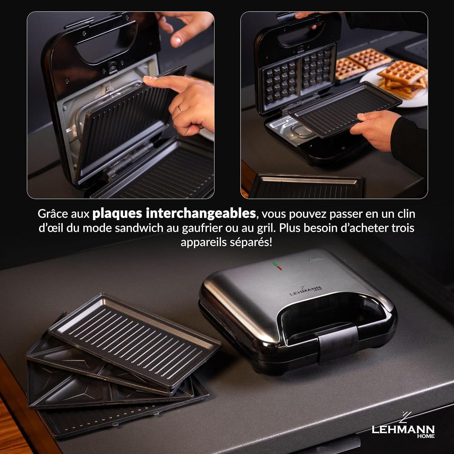 LEHMANN - Appareil 3 en 1 - plaques échangeables - gaufres, panini, croque monsieur, antiadhésif