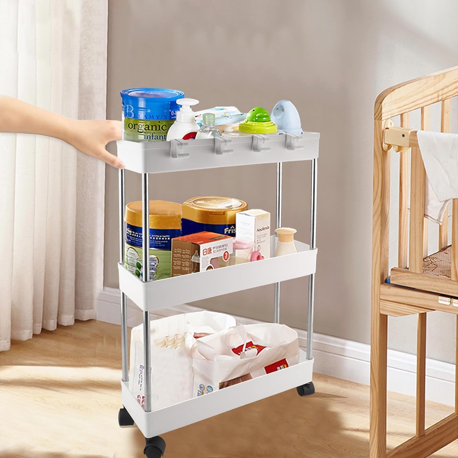 Chariot de rangement 3 niveaux blanc, étagère mobile à roulettes, multifonction