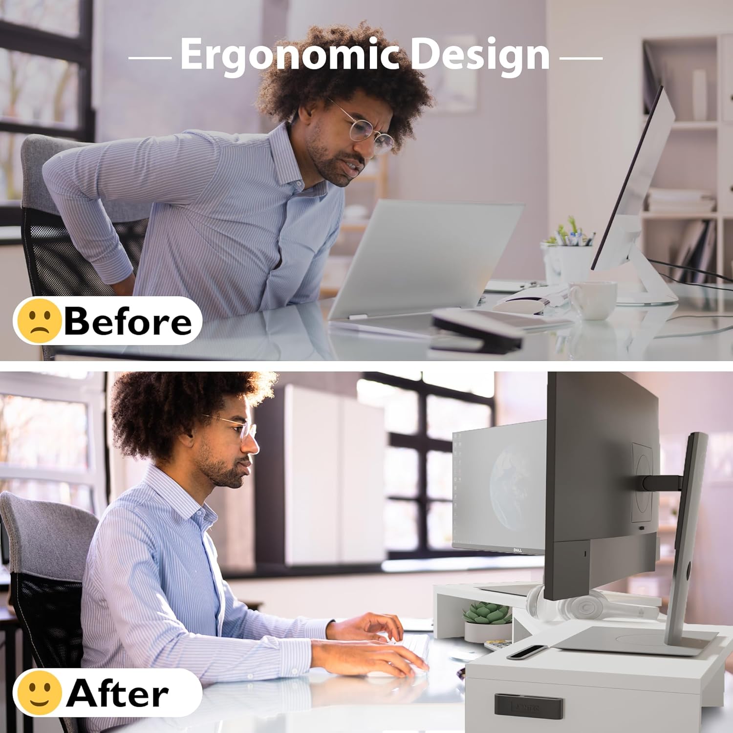 BONTEC - Support moniteur double réglable bois, blanc, longueur ajustable