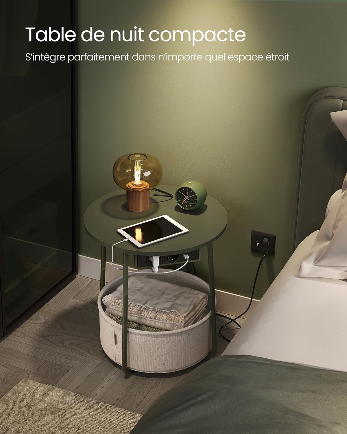 VASAGLE - Petite table basse moderne, 45x45x54 cm, panier tissu, multiprise, vert forêt/blanc crème, LET228C05