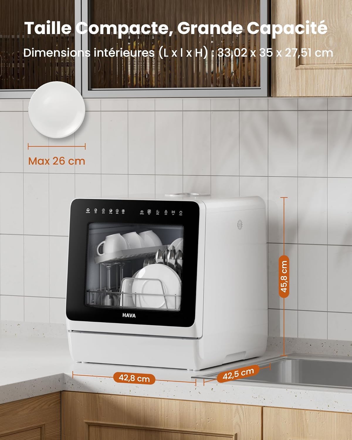 HAVA - lave-vaisselle de comptoir série 2025 - compact, adoucisseur d'eau, 8 programmes, sécurité enfant