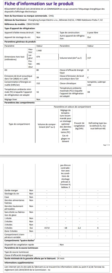 CHIQ - réfrigérateur congélateur bas - 157L - faible bruit, low frost, refroidissement rapide, compact - CBM159LEBD