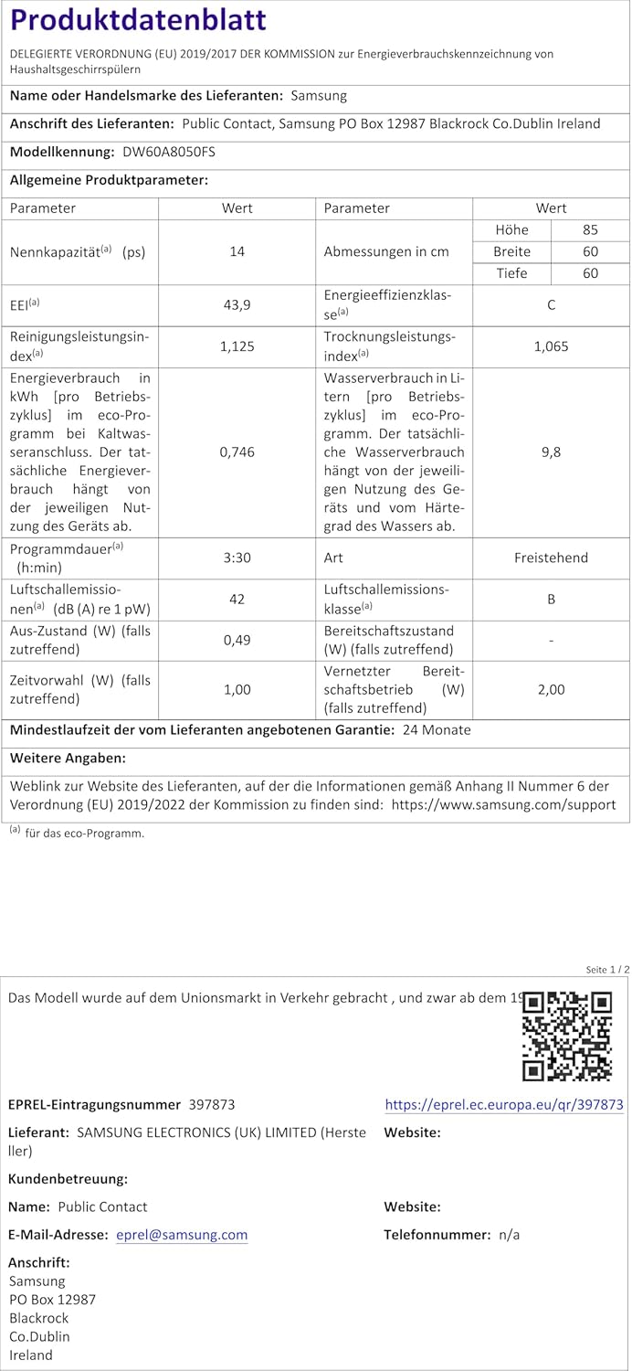 Samsung - Lave-vaisselle 14 couverts Wi-Fi inox, série 8000, DW60A8050FS/EF