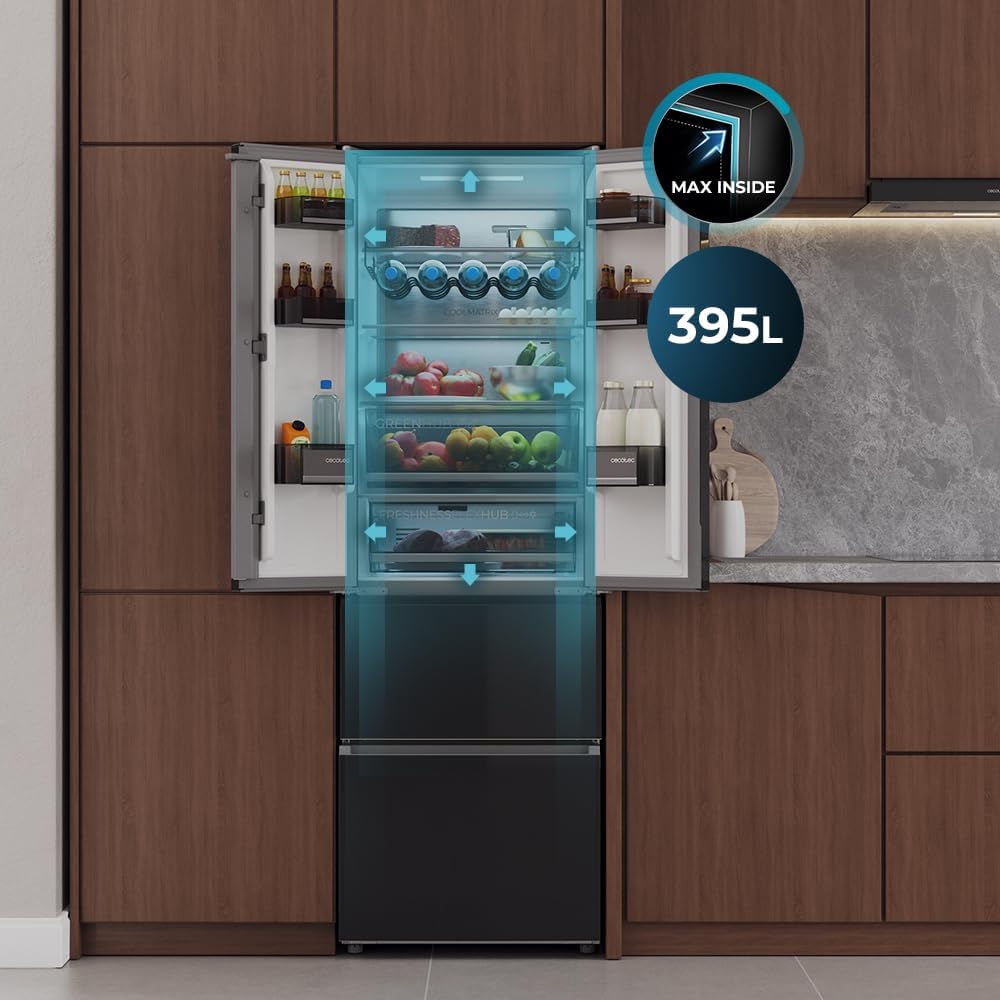 Cecotec - Bolero CoolMarket Combi F2D - 185x59,5cm - 395L, Inverter, No Frost, Black Glass F2D395