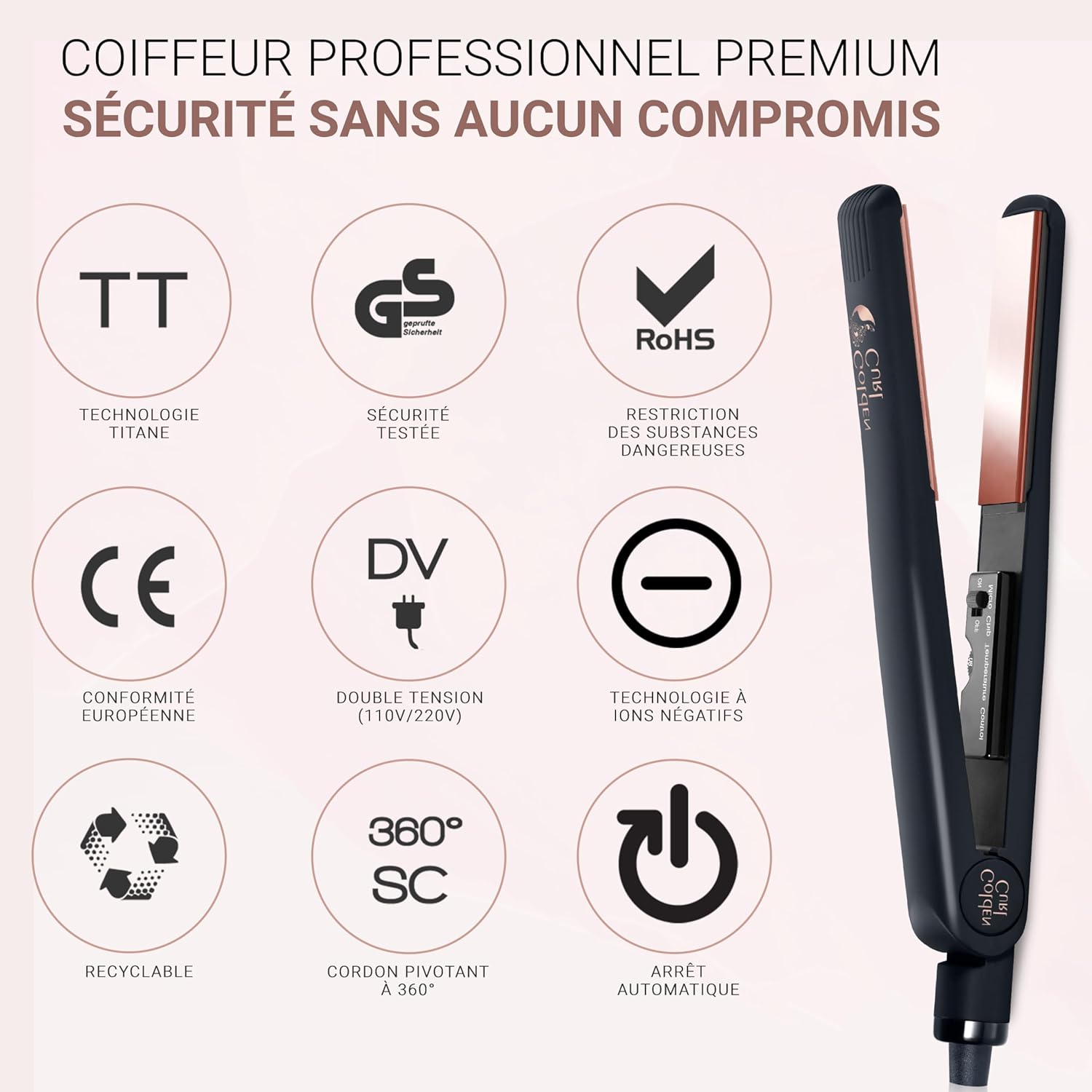 Golden Curl - Lisseur Boucleur 2en1 Rose Gold - 5 ans garantie - Plaques pro