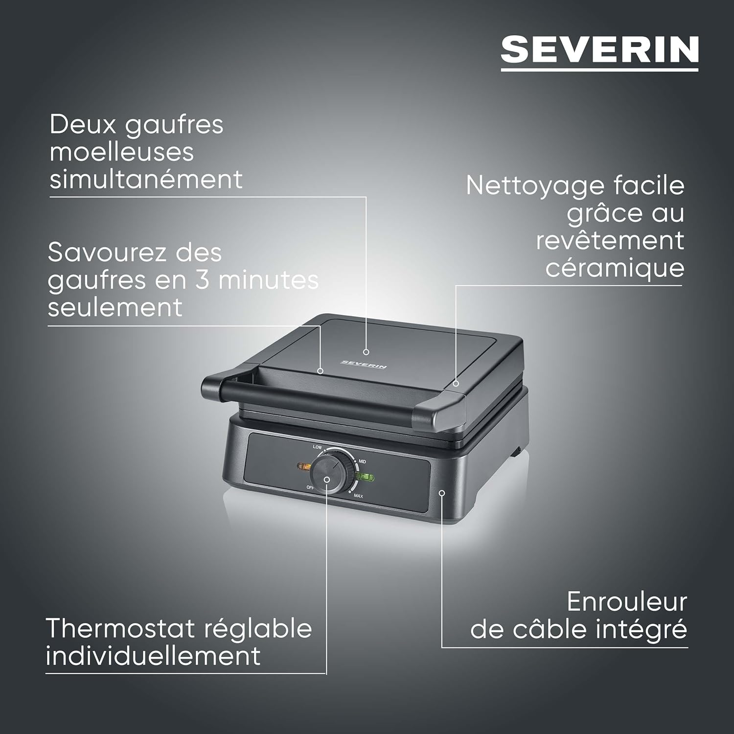 SEVERIN - gaufrier compact - 1600W, antiadhésif, sans PFAS, WA 2130