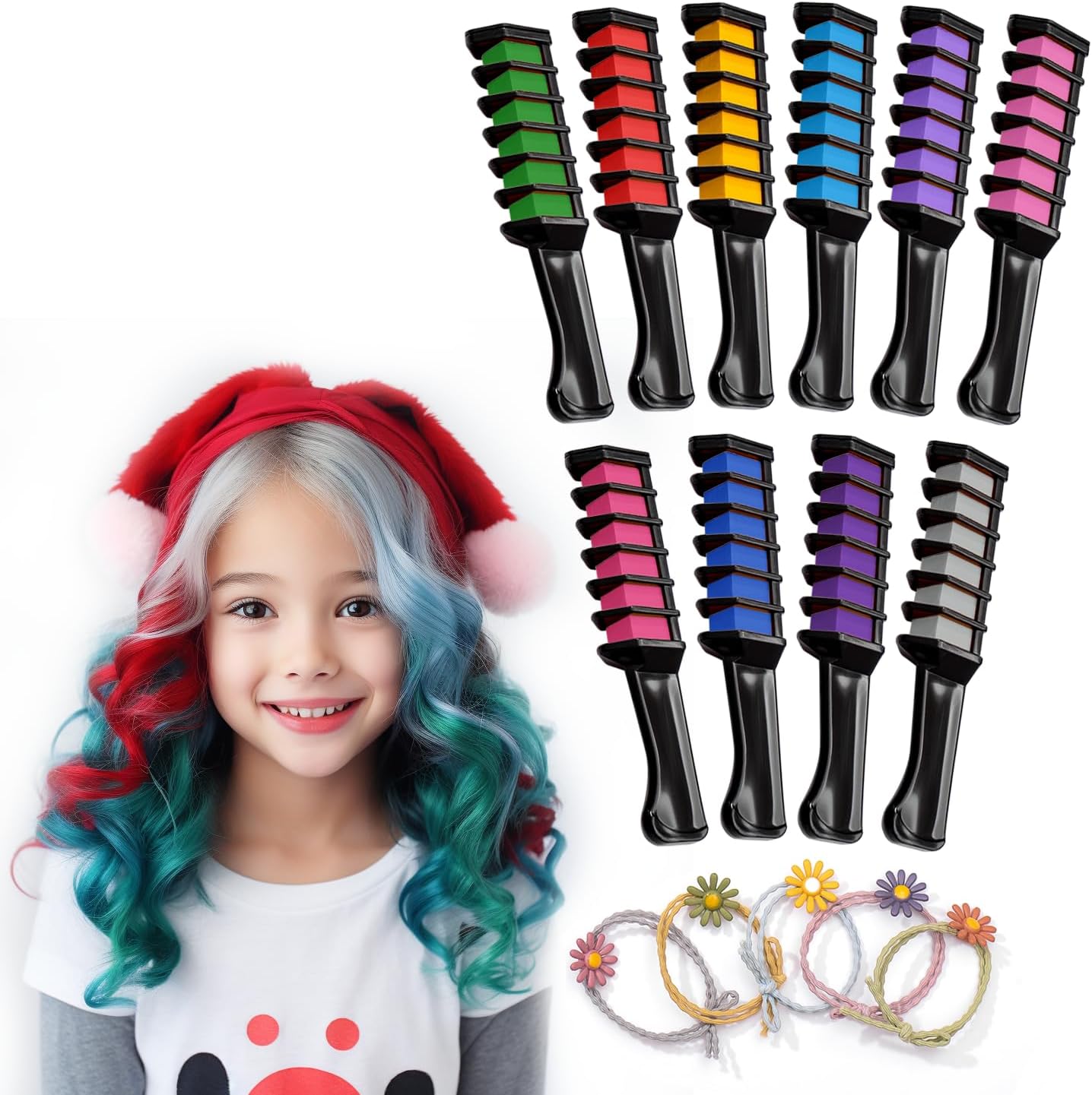 Magicat - Peigne à craie cheveux 10 couleurs, lavable, 5 élastiques