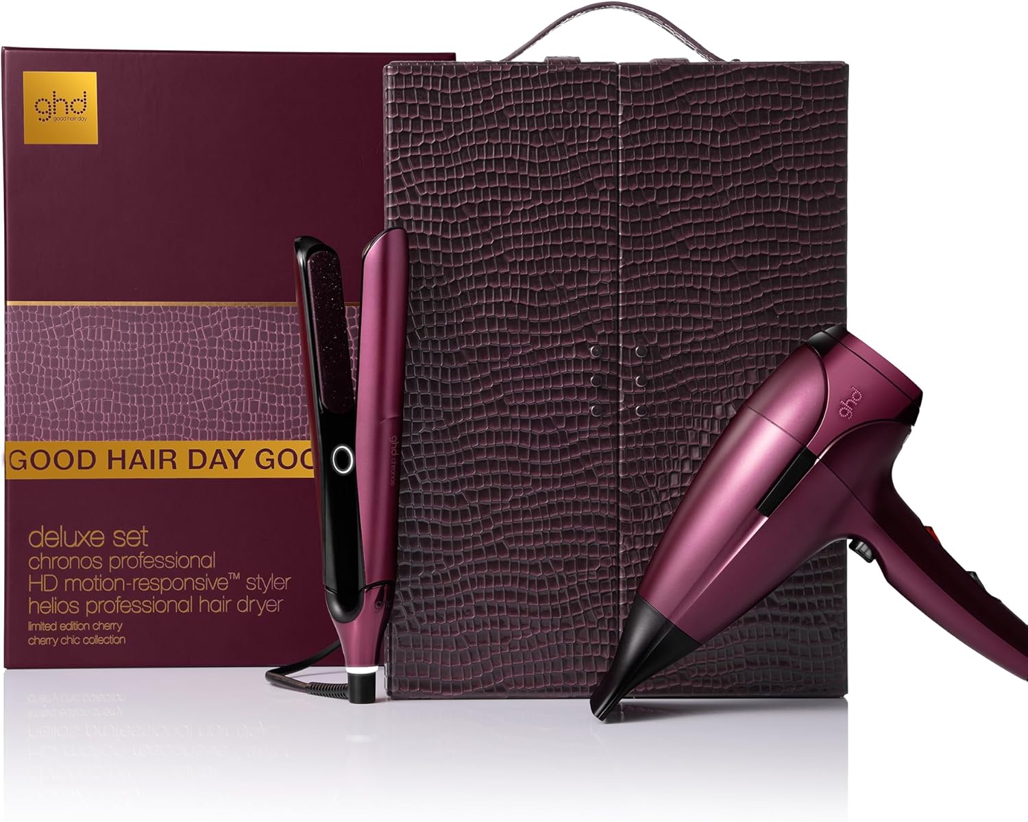 ghd - Coffret Chronos & Helios Bordeaux - lisseur rapide, sèche-cheveux puissant, vanity inclus