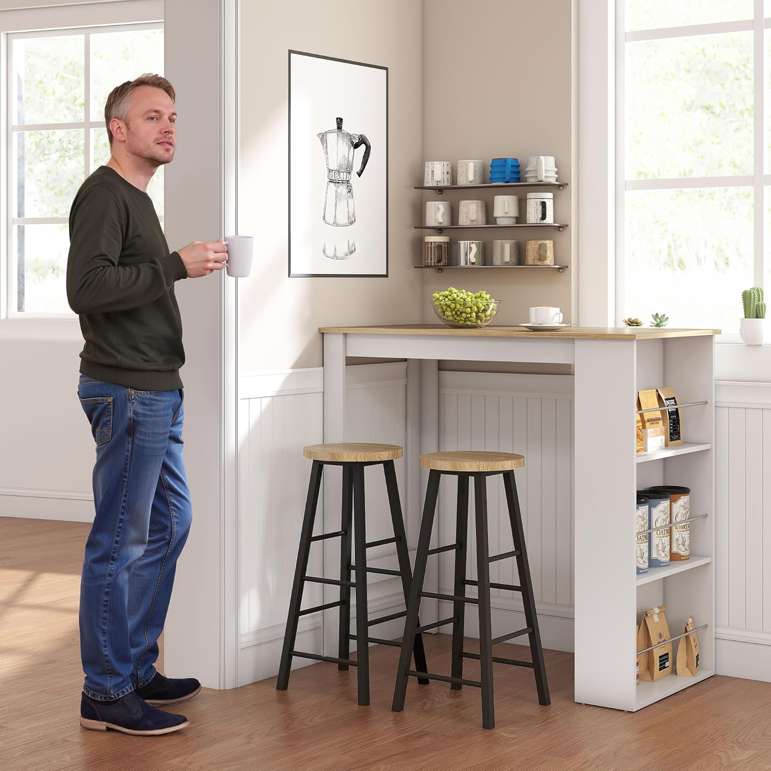 HOMCOM - Table mange-debout, 112x57x106 cm, 3 étagères, chêne clair