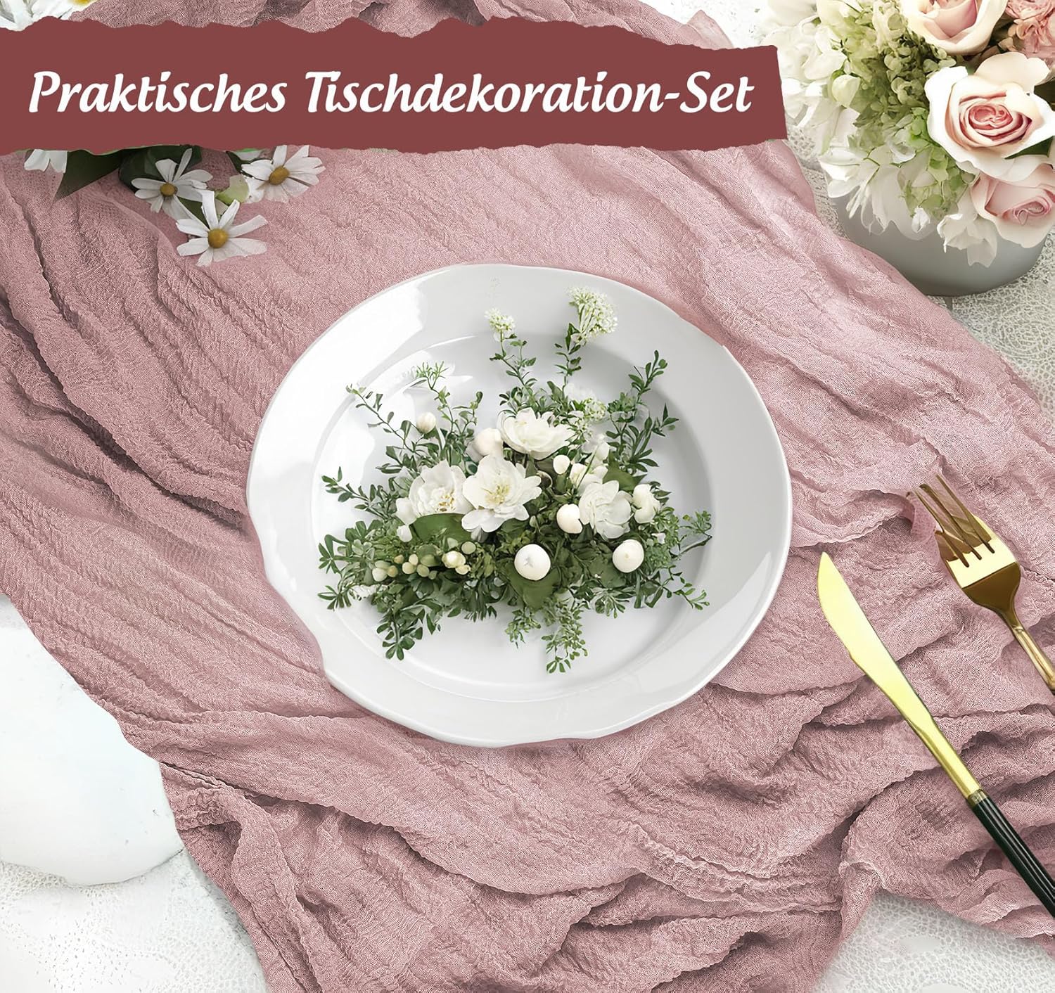 Chemin de table - étamine, 80x300cm, rose pâle, style bohème, synthétique