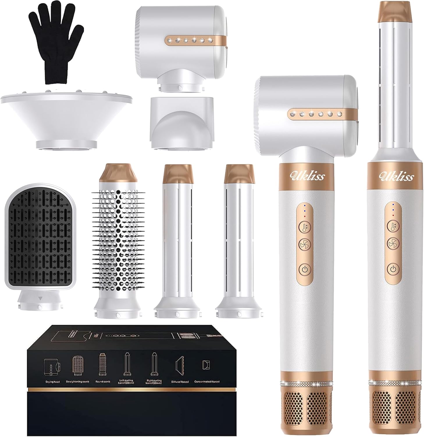 UKLISS - Brosse soufflante 7-en-1, sèche-cheveux, boucleur, brosse lissante - Cadeau femme styling