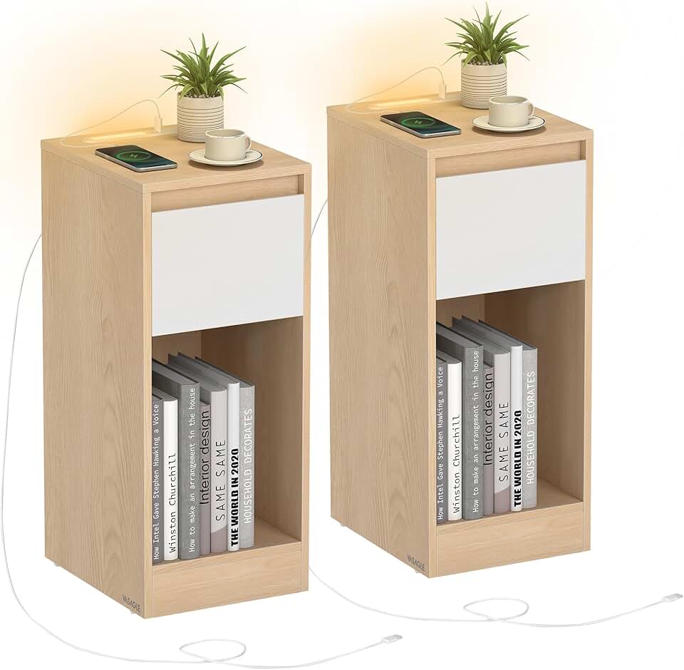 VASAGLE - Lot de 2 tables de chevet LED, tiroirs, ports USB, 40x35x66 cm - LET710Y01