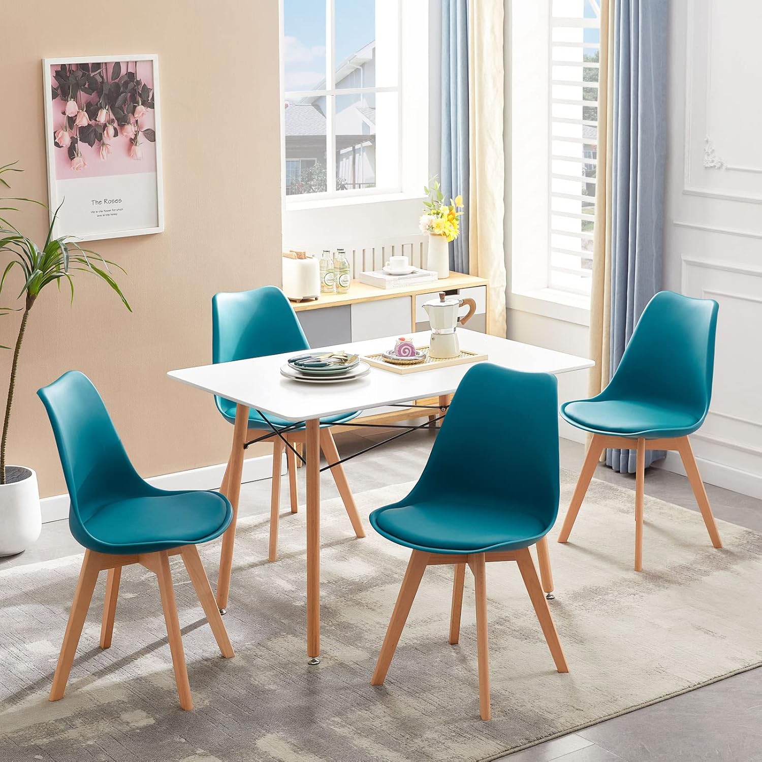EGGREE - Lot de 8 chaises scandinaves - bois hêtre, rembourrées, turquoise