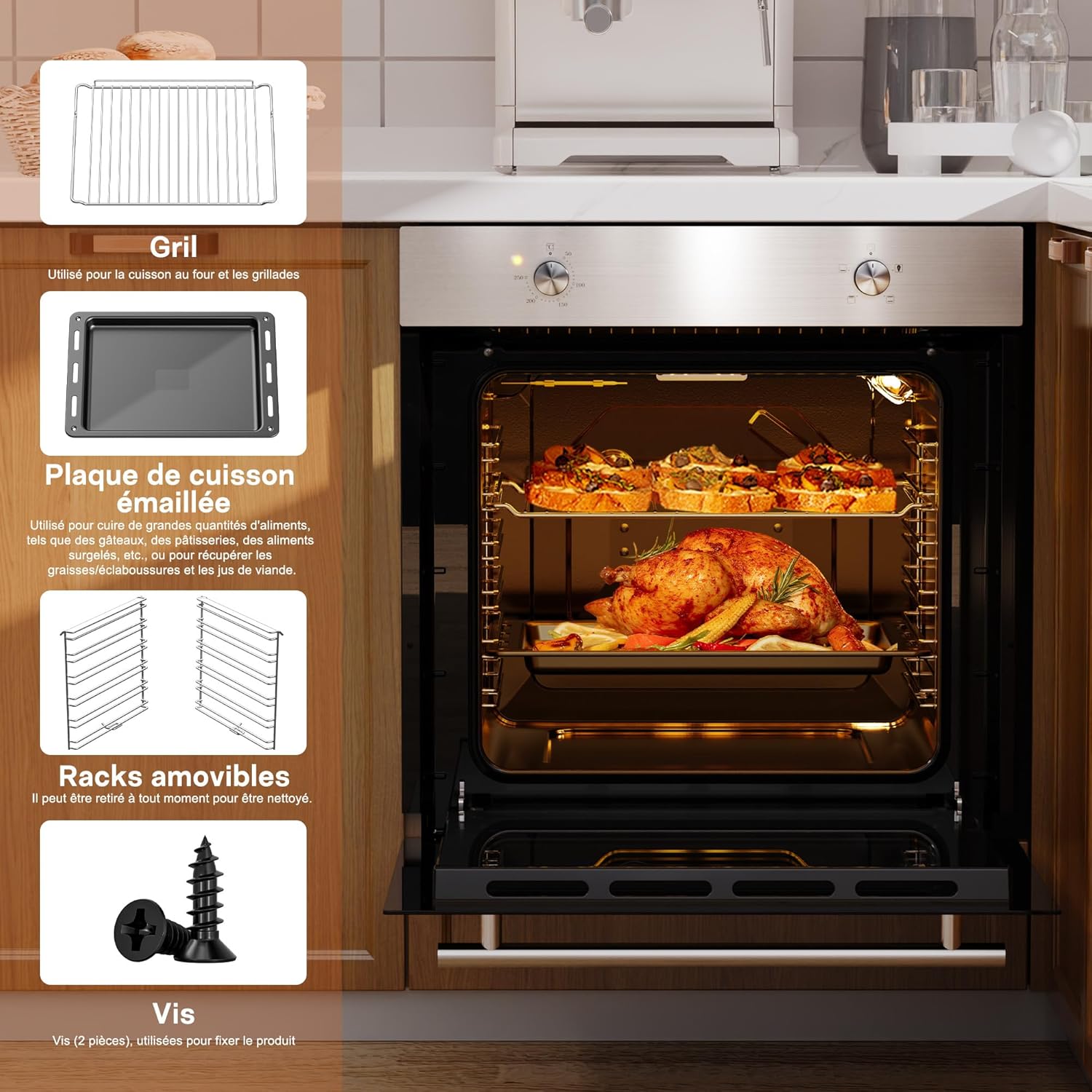 Karinear - Four électrique encastrable 60cm, 65L, 2200W, inox