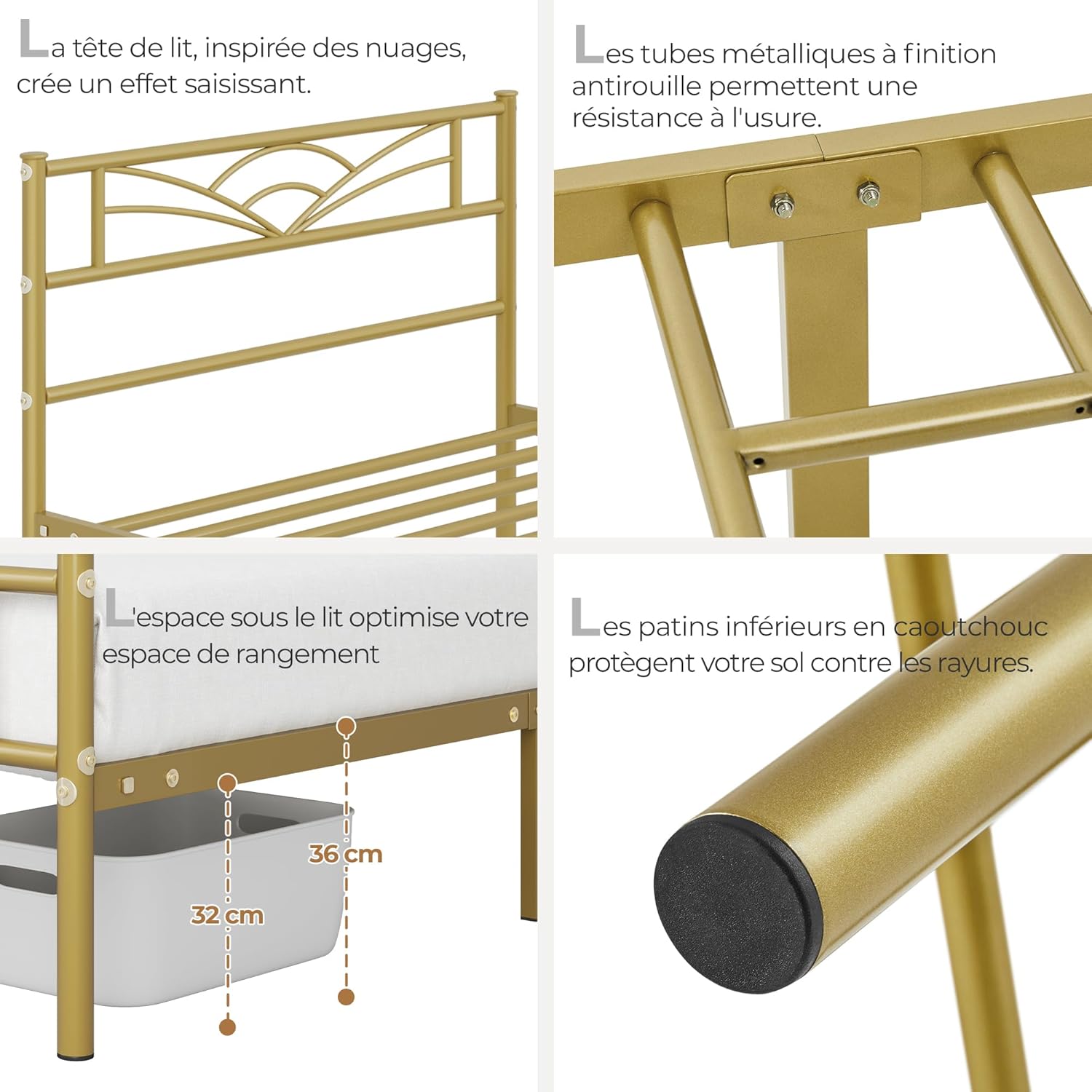 Yaheetech - lit simple métal - 90x200cm - montage facile, or antique
