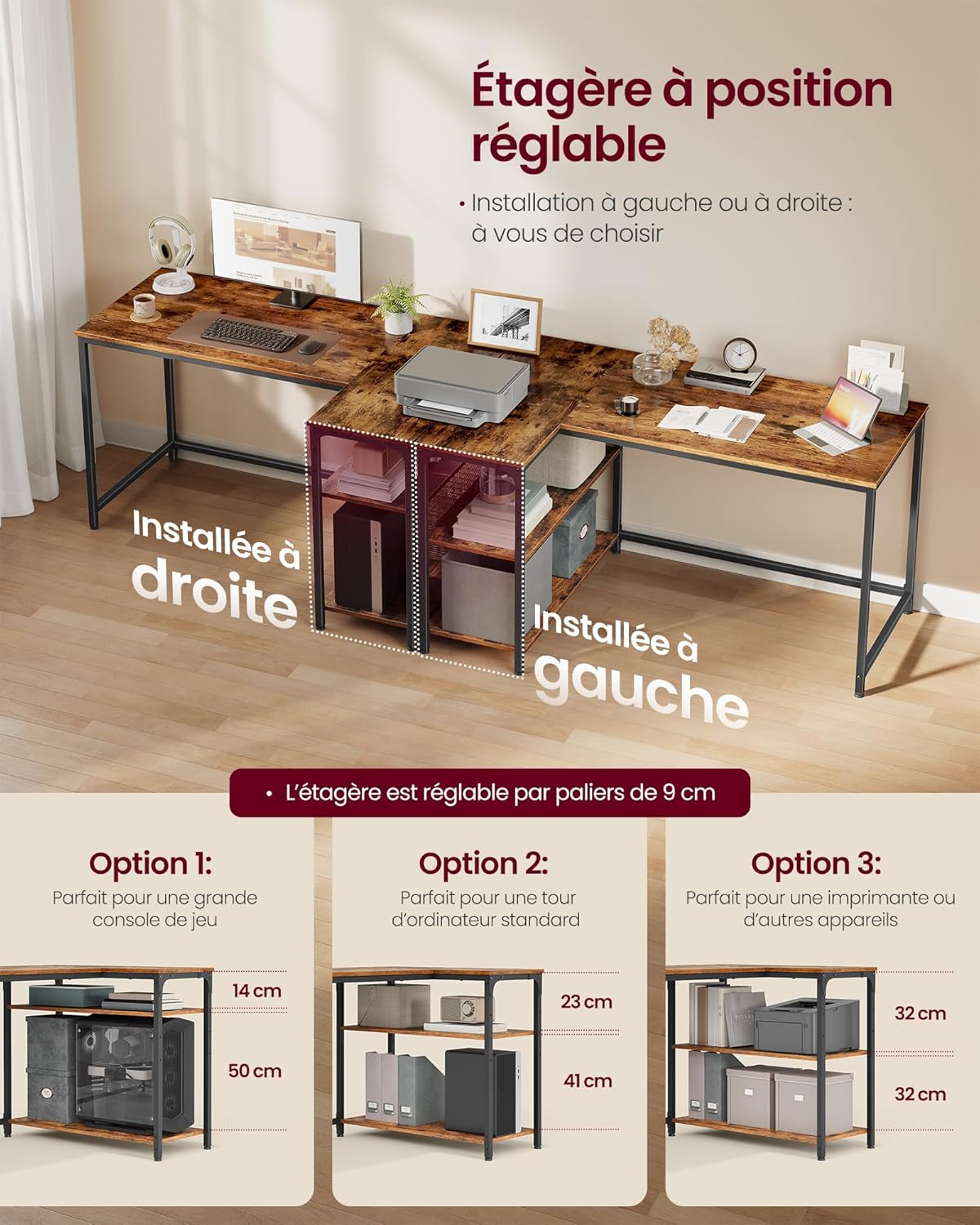 VASAGLE - Bureau Gaming L - 120x80 cm - rangement, étagères réglables - LWD136KD01