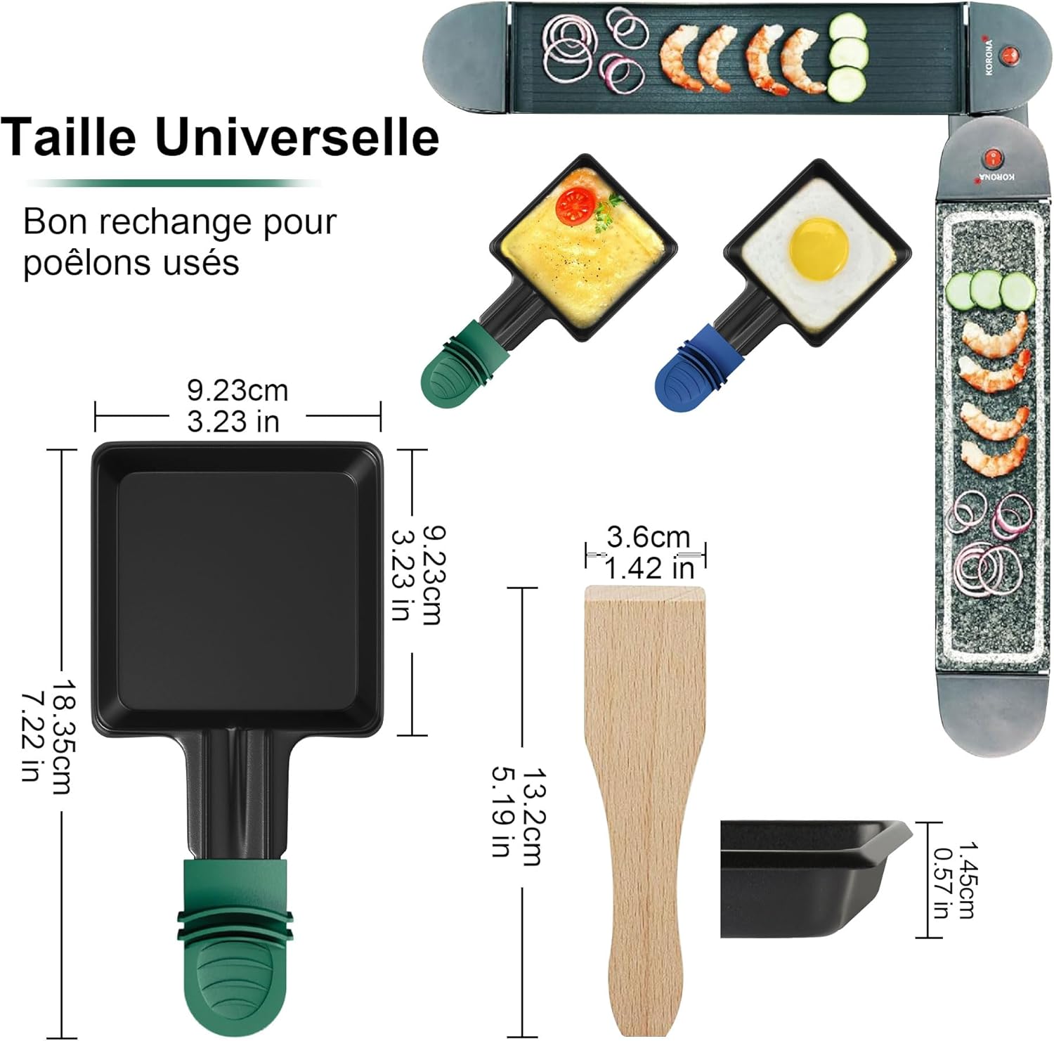 iPow - Lot de 8 poêlons raclettes carrés, revêtement antiadhésif, poignées isolées, 8 grattoirs bois