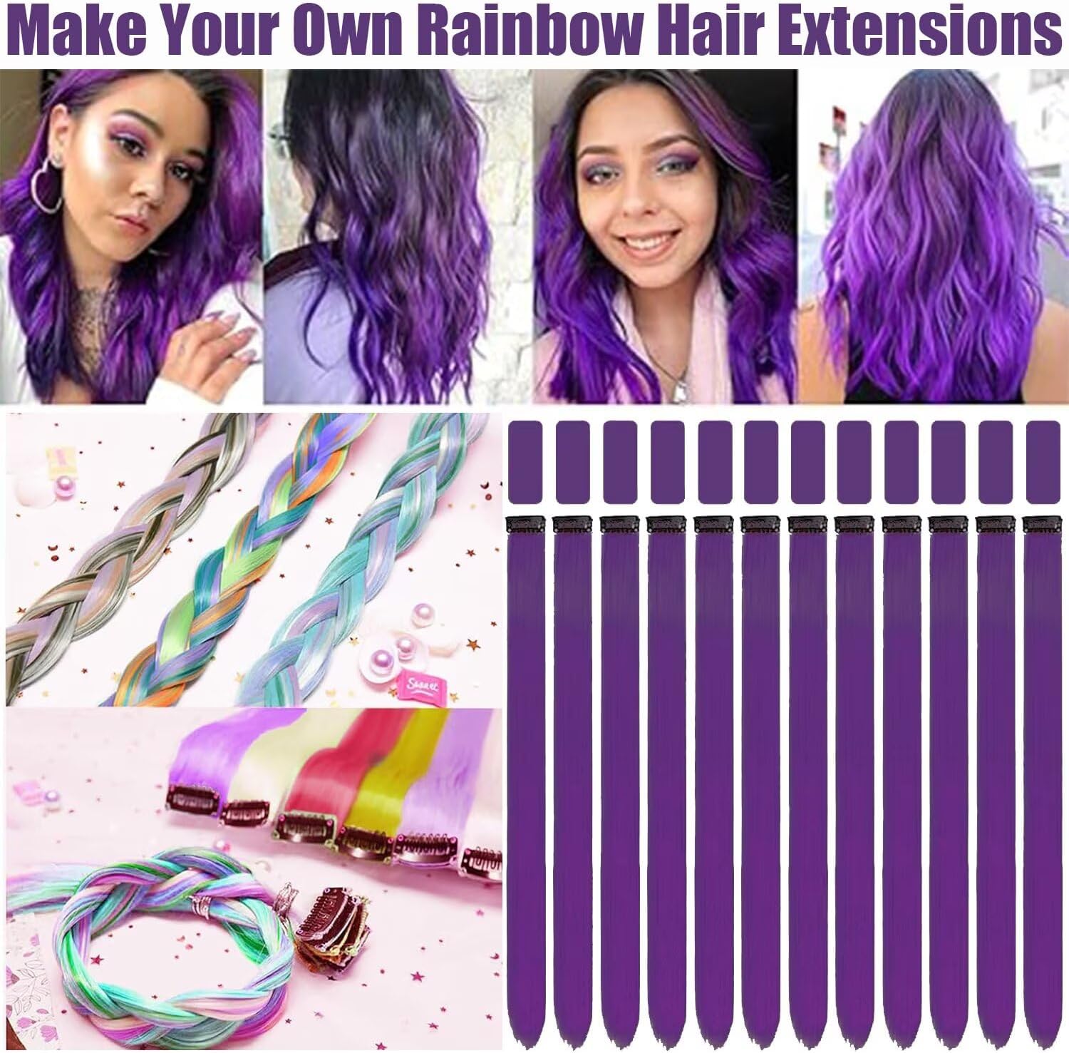 Extensions cheveux - mèches à clipser 55cm - violet foncé, lot de 12