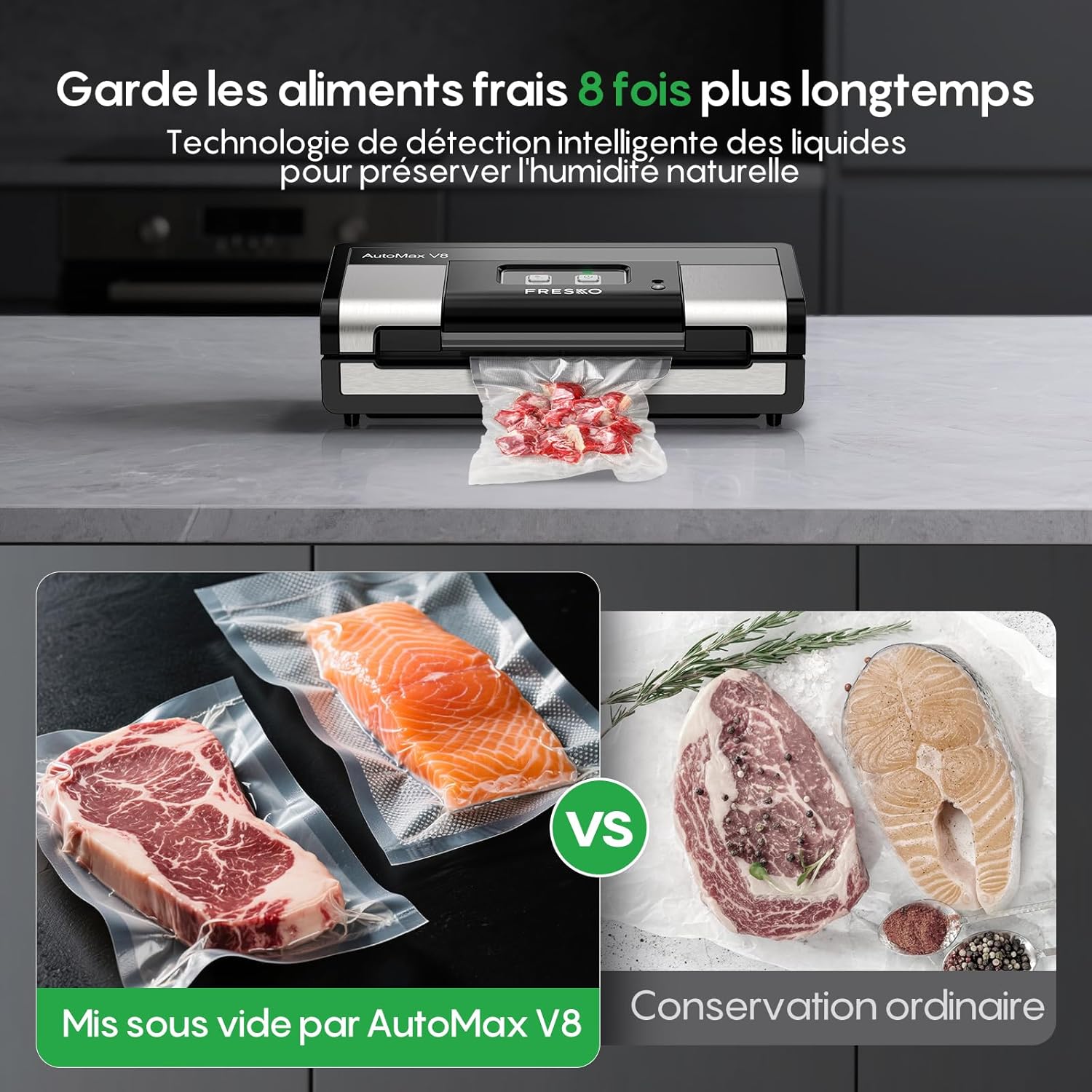 FRESKO - AutoMax V8 - 140W - sous vide mains libres, sec/humide, coupeur, 2 rouleaux, rangement - AutoMax V8