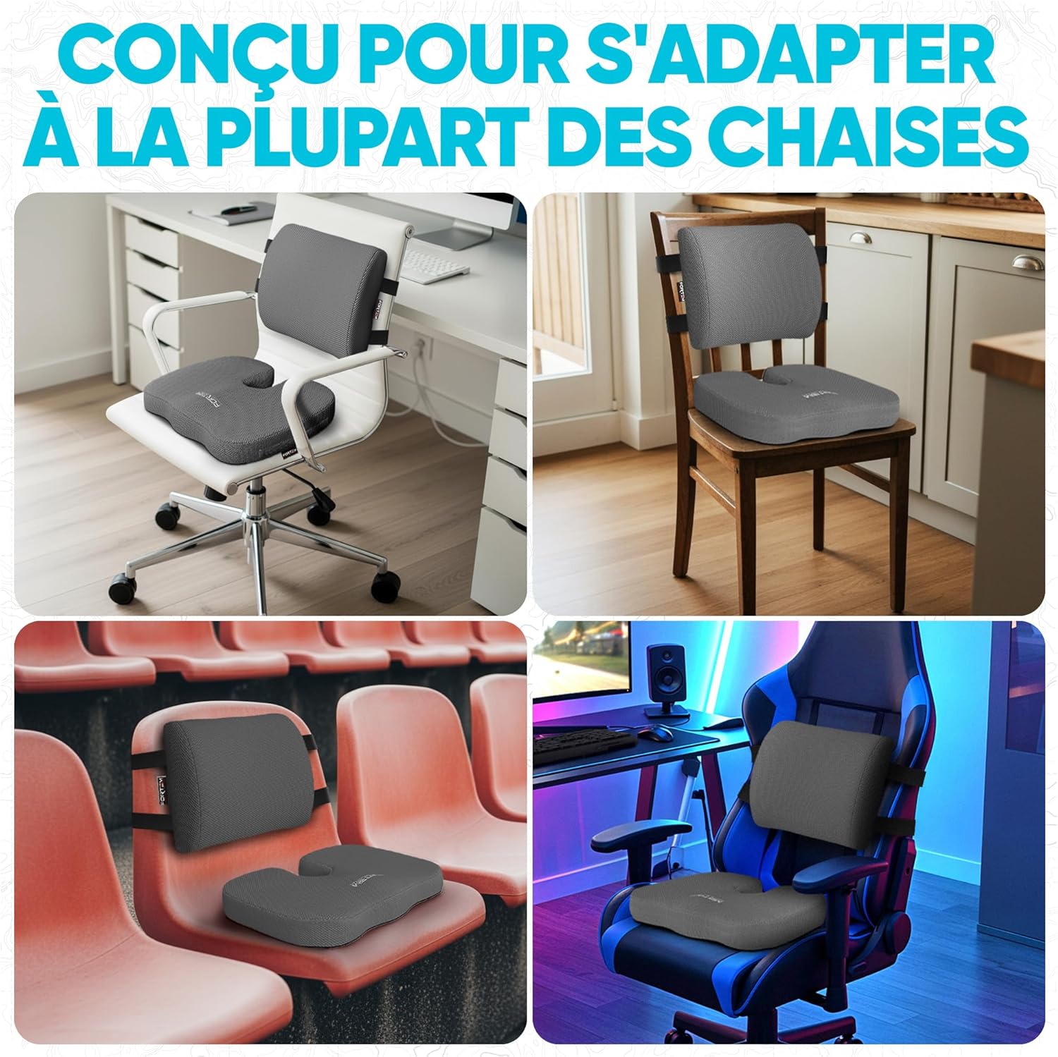 FORTEM - Coussin lombaire/assise, mousse mémoire, antidérapant, confort dos, chaise et auto