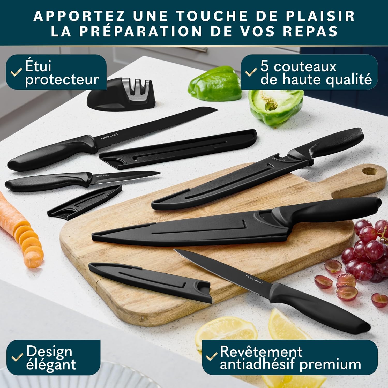 Home Hero - Set couteaux cuisine pro inox, 11 pcs, aiguiseur inclus