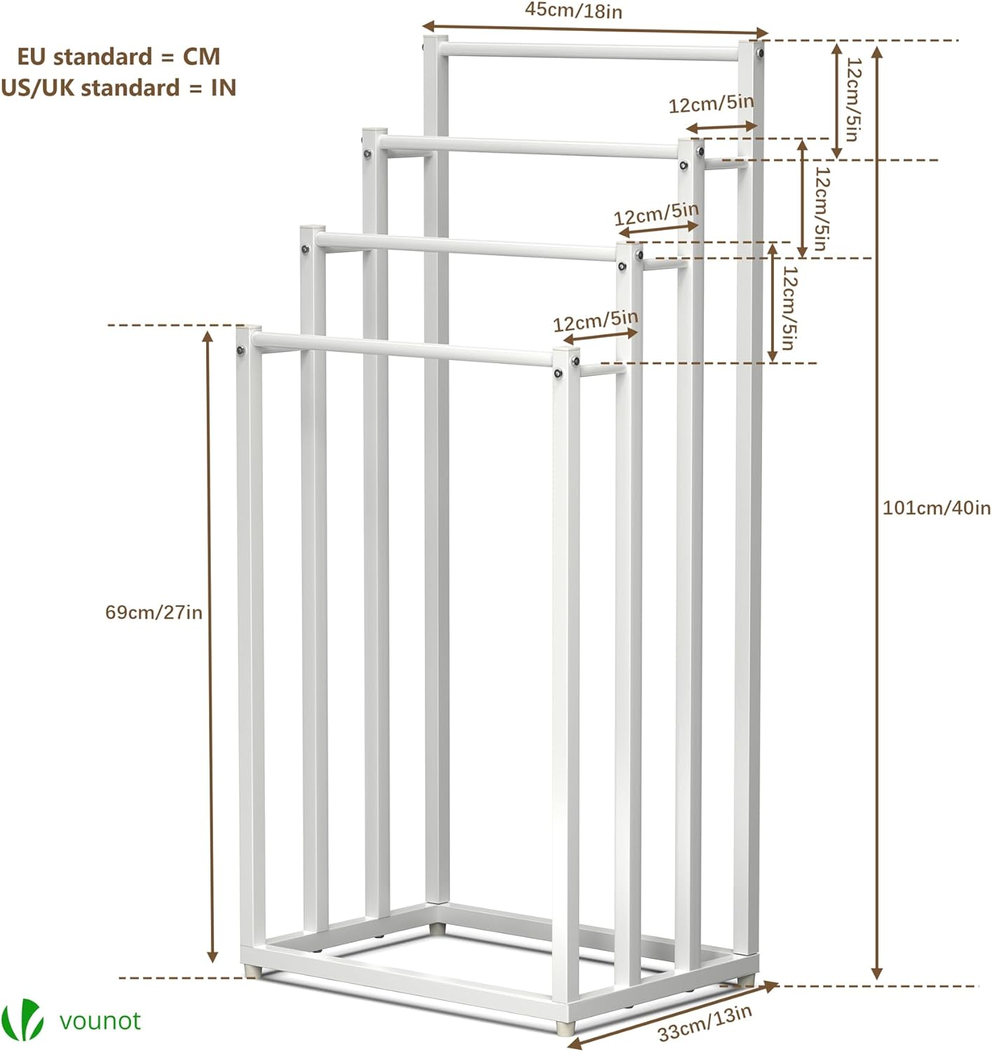 Vounot - porte-serviettes autoportant, 4 niveaux, métal blanc, rangement stable