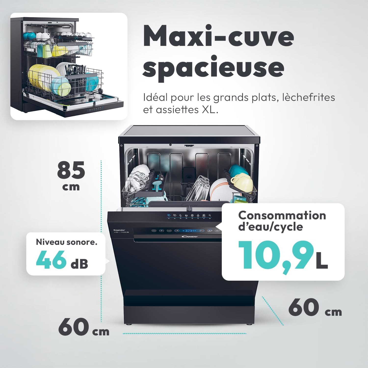 Candy - Série CF - 60x85x60 cm - 15 couverts, classe C, lavage séchage rapide, ouverture auto, contrôle à distance - CF 