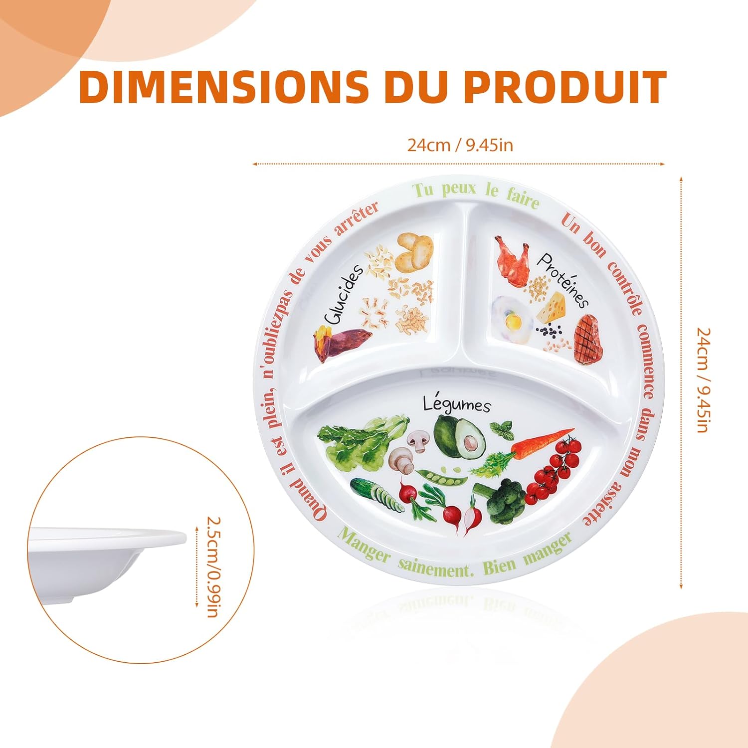 Assiette de contrôle des portions - mélamine - pour adultes/adolescents - partitions équilibrées, perte de poids, texte 