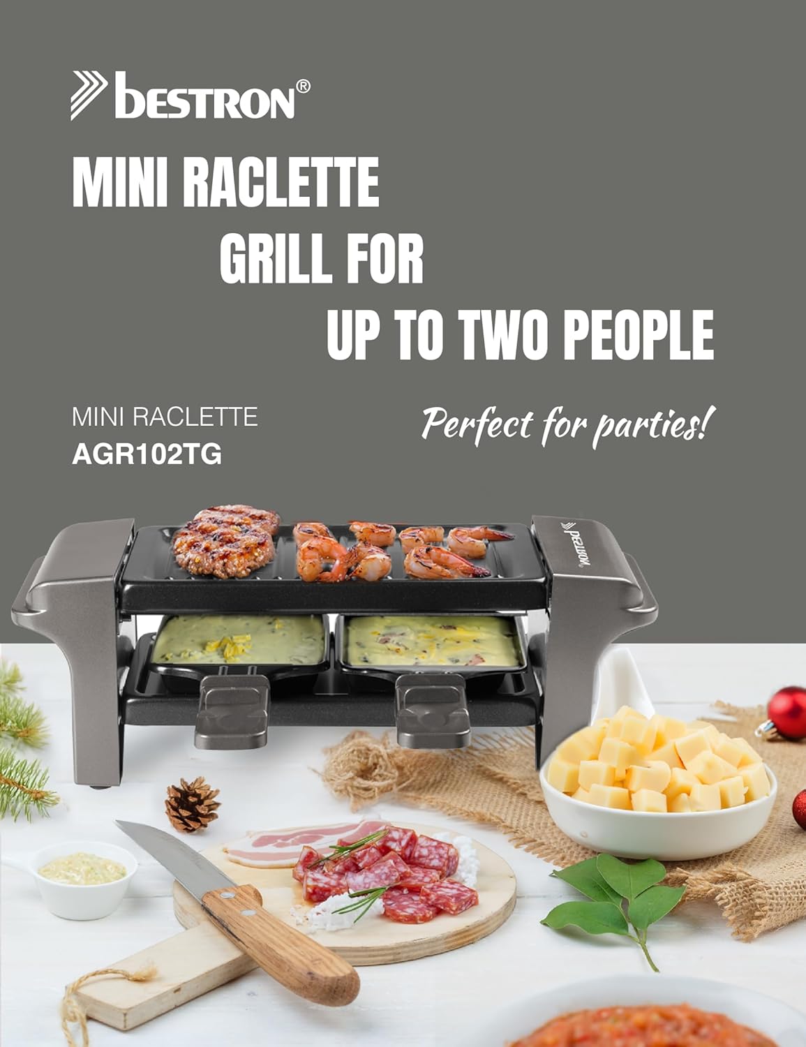 Bestron - Mini raclette/grill 350W - 2 poêlons, antiadhésif, compact