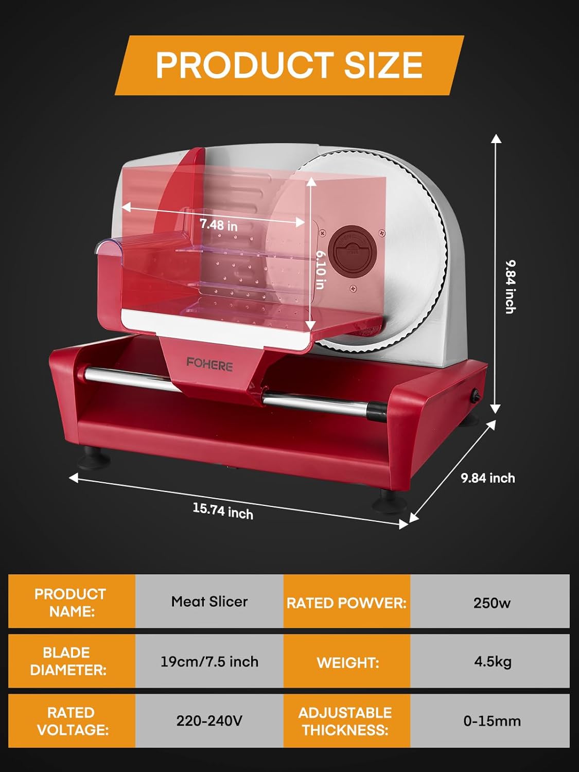Trancheuse électrique - 250W, 19cm, 3 lames, épaisseur réglable, sécurité