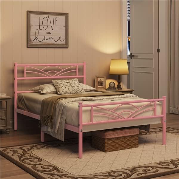 Yaheetech - lit simple métal - 90x190 cm - montage facile, rose